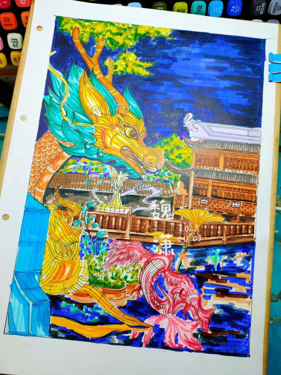 马克笔风景画《花灯展》 #风景画# #马克笔画# #马克笔手绘# #手绘