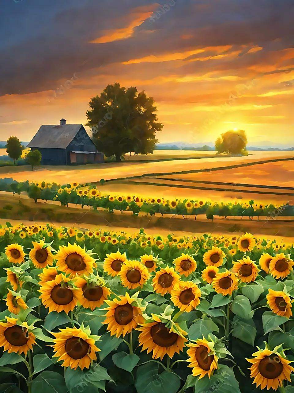 夕阳余晖照田野,黄向日葵映霞光