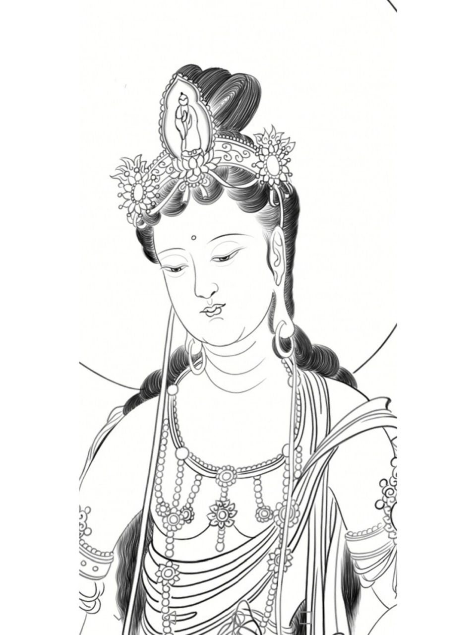工笔白描底稿观音菩萨    徒手画的光环感觉很好!