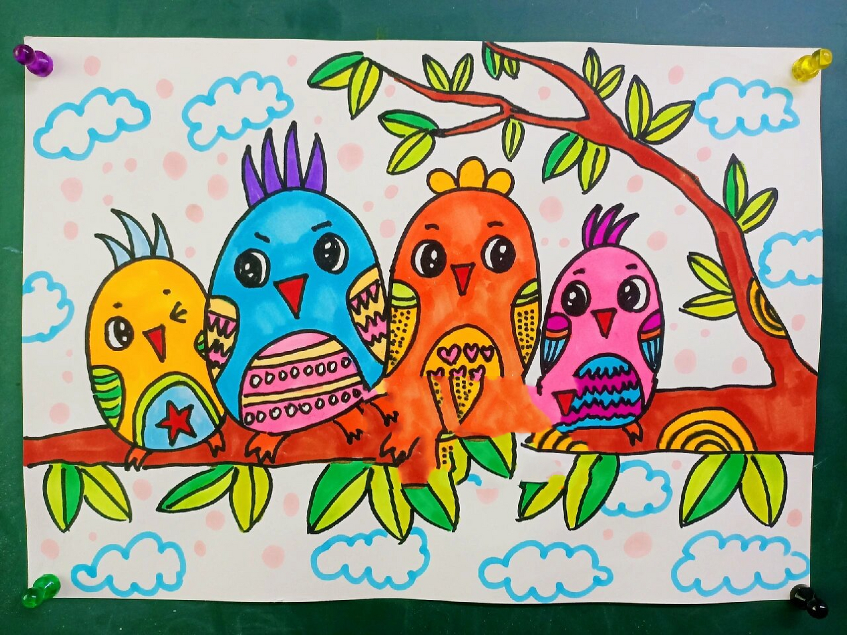 小鸟一家儿童画简笔画少儿美术创意画线描 树枝 幼儿园画 简单的 马克