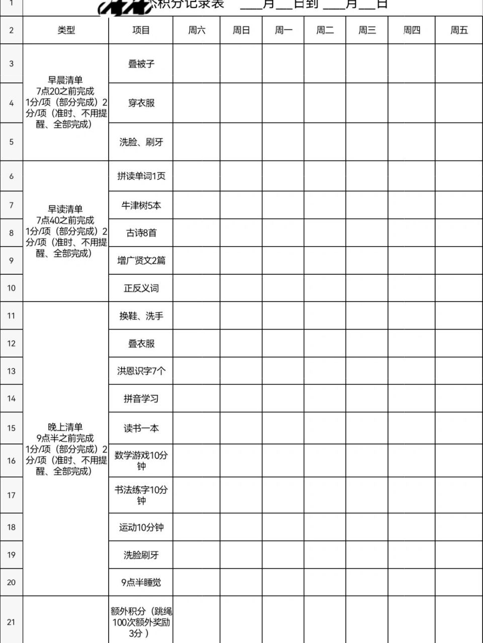 家庭积分奖励表落实起来!