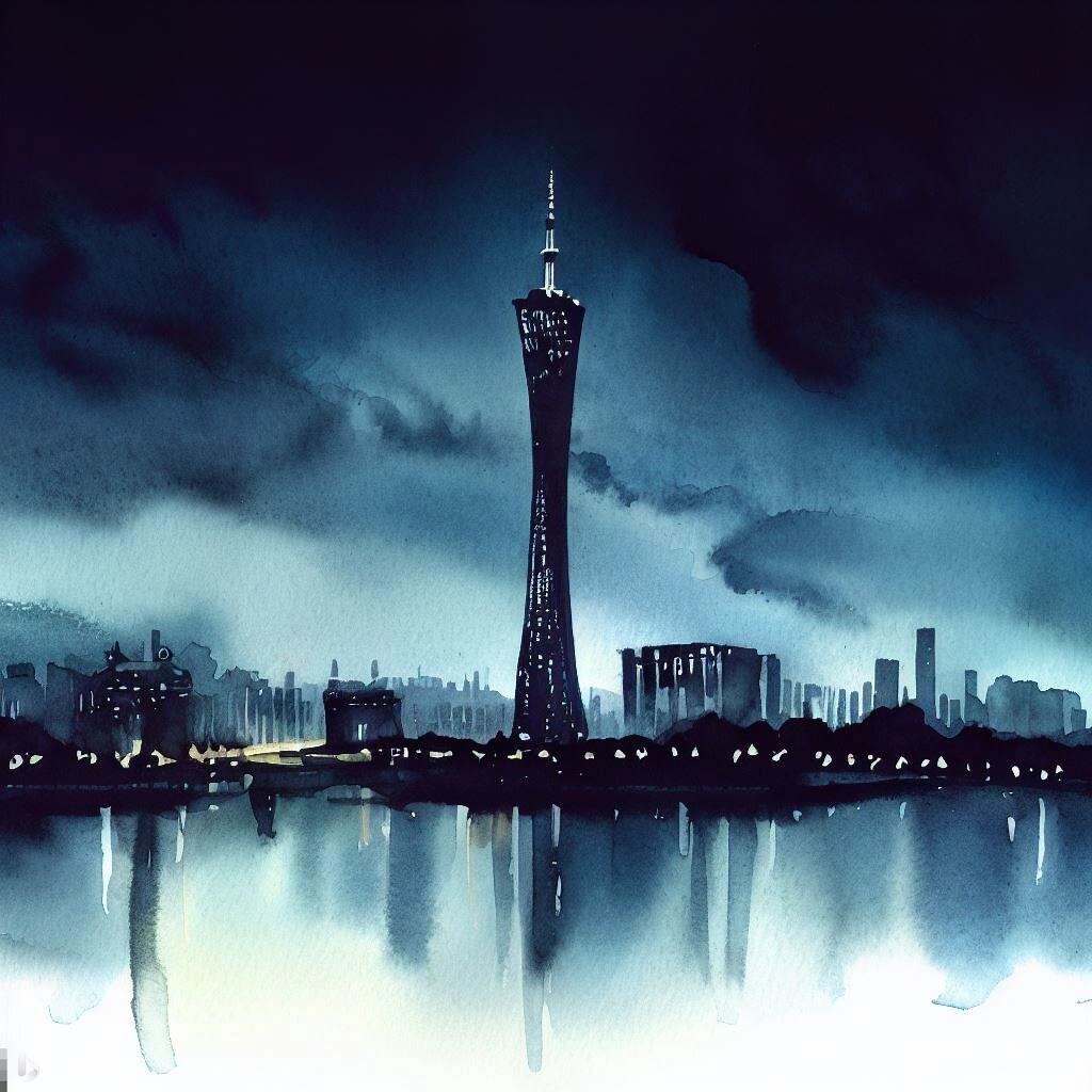 ai绘画:不同画风下广州塔夜景 绘画软件:微软的bing