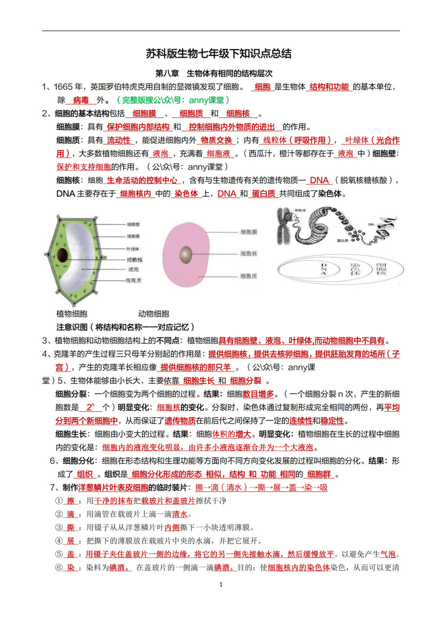 苏科版生物七下知识点总结 苏科版生物七下知识点总结