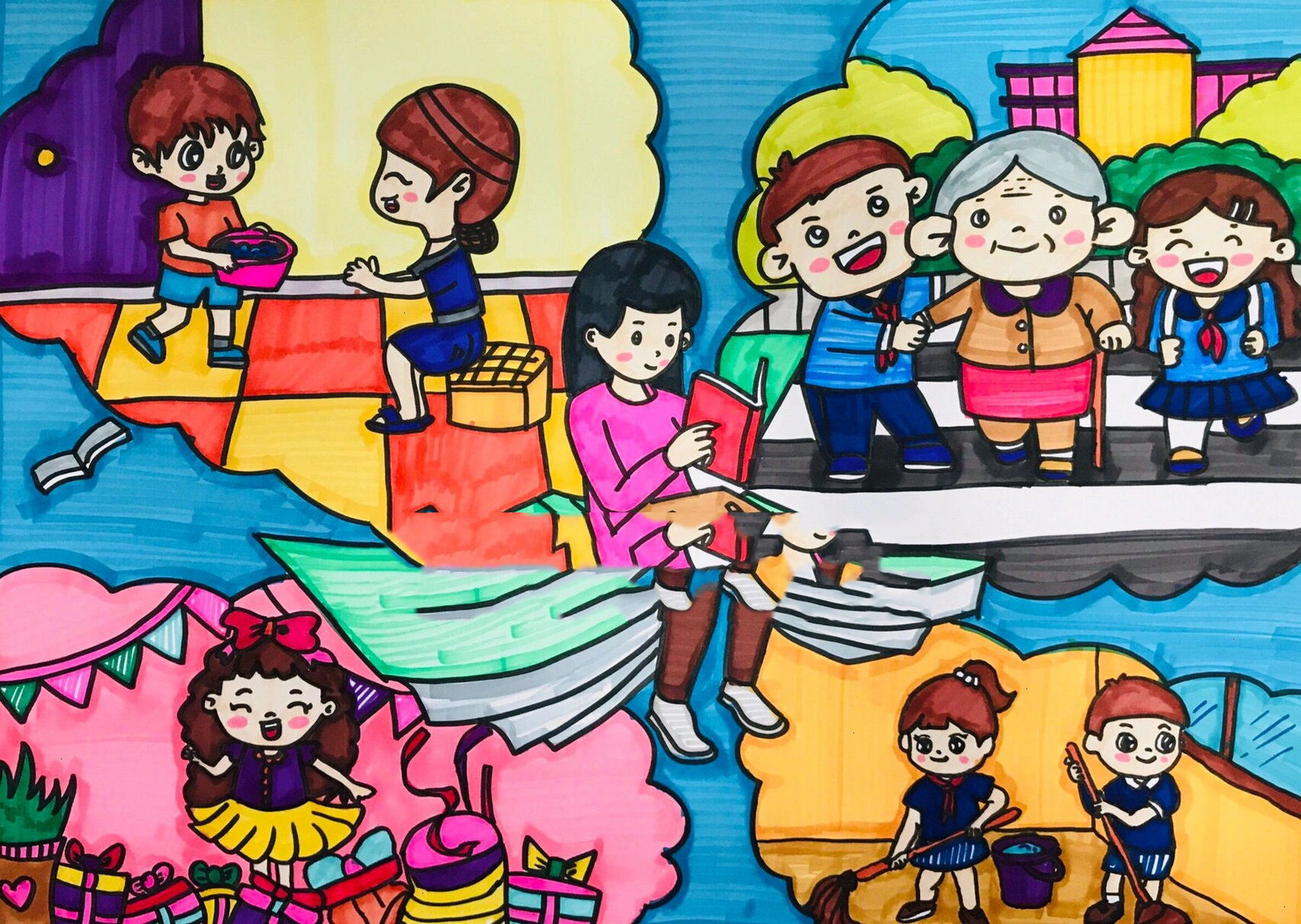 【绘画】假期生活画 尊老爱幼传统美德儿童画