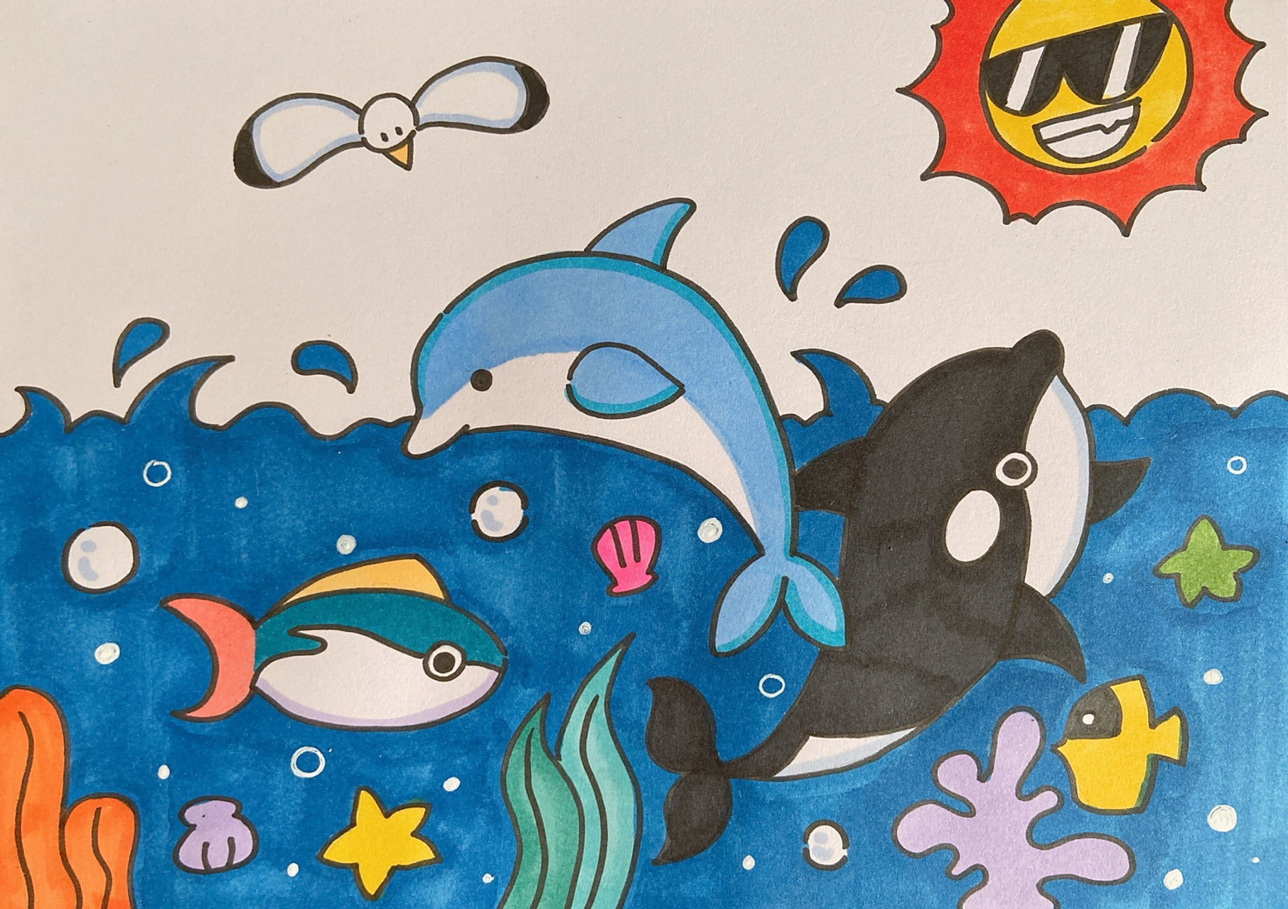 海豚虎鲸小鱼海鸥海洋海底世界儿童画简笔画 各种鱼类大杂烩,海星贝壳