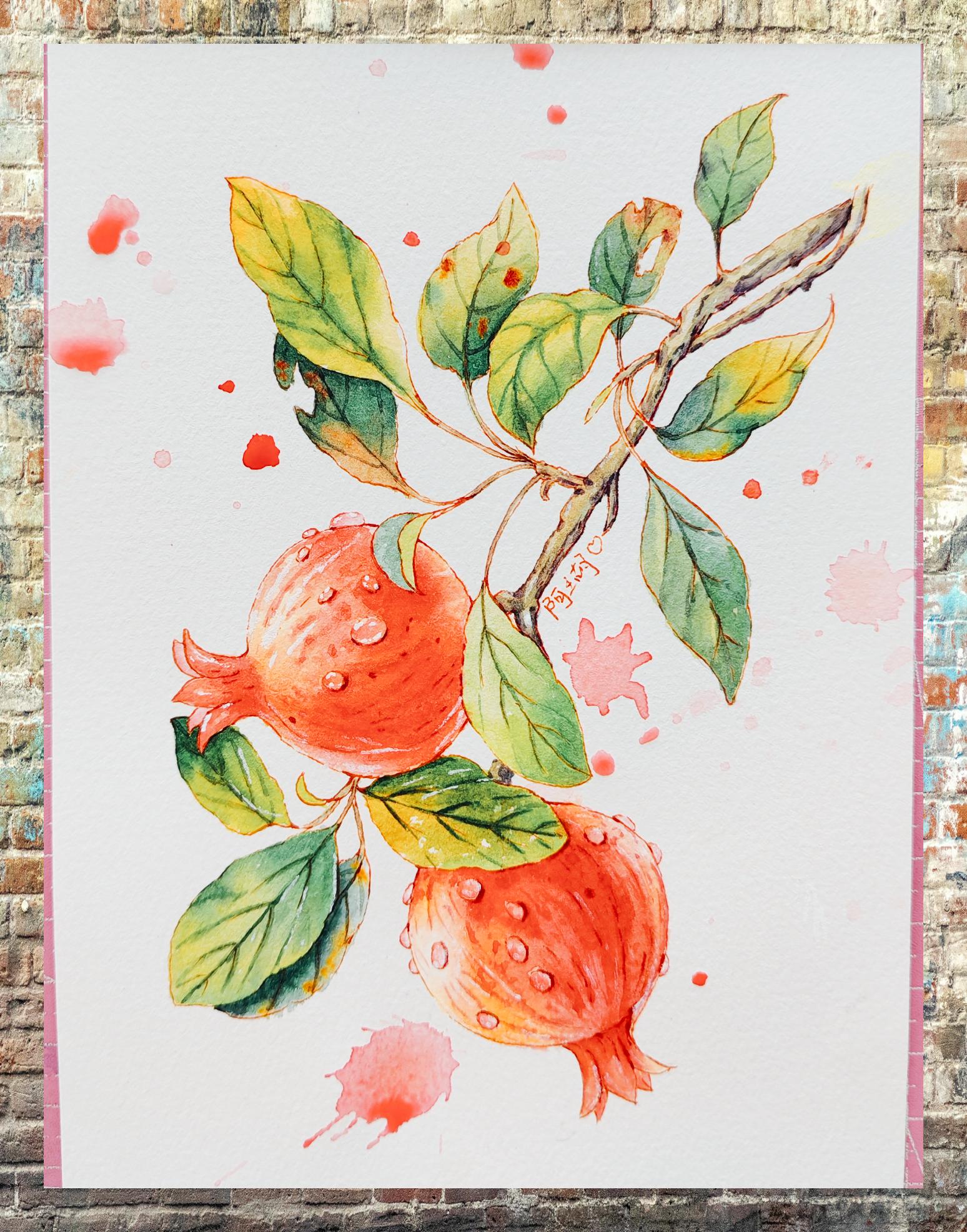 水彩绘石榴 树影斑斓间 9799【#火红石榴果#97】99夏天来啦