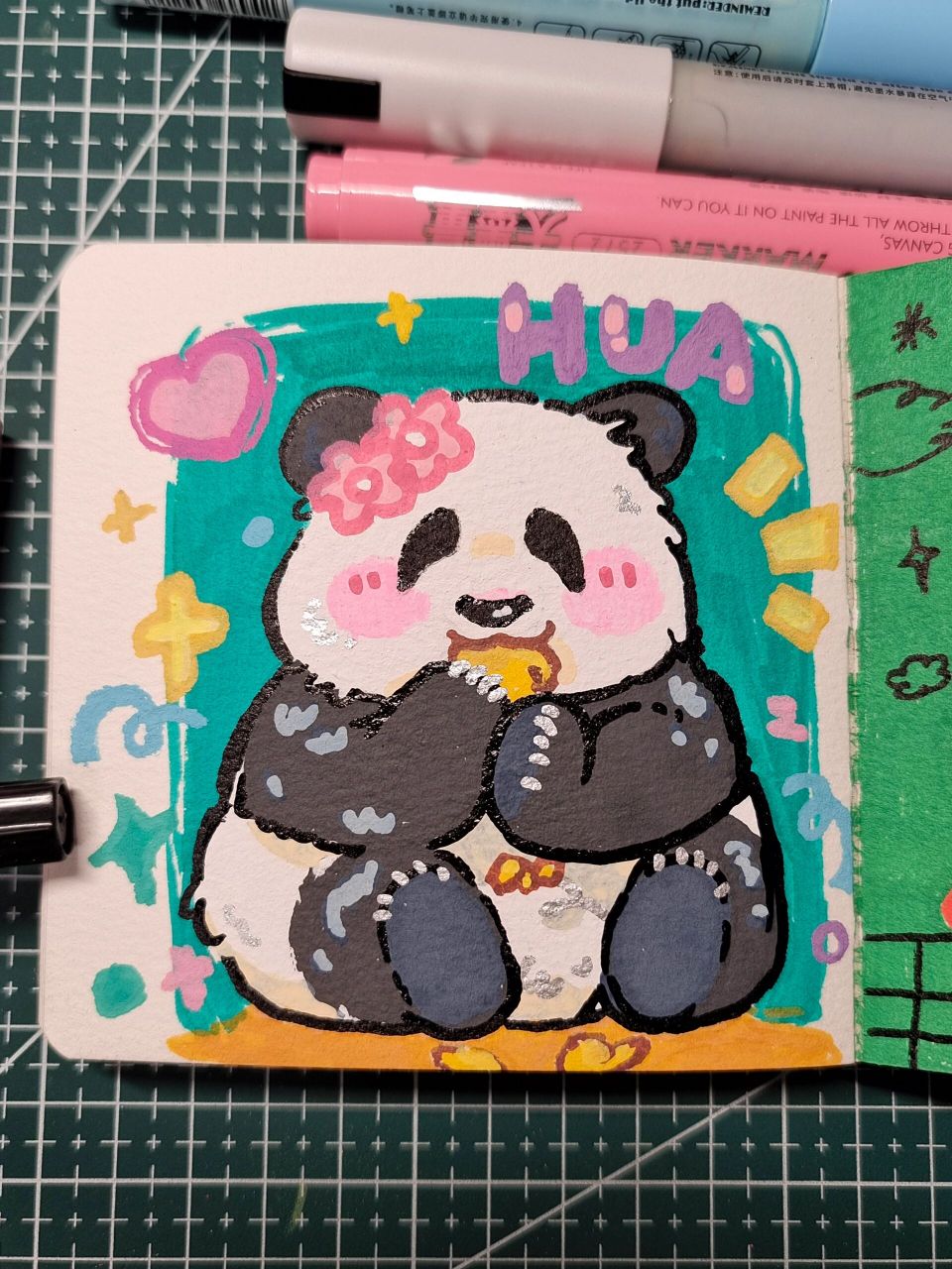 马克笔手绘!大熊猫和花 附过程 可可爱爱的小和花(2961 .