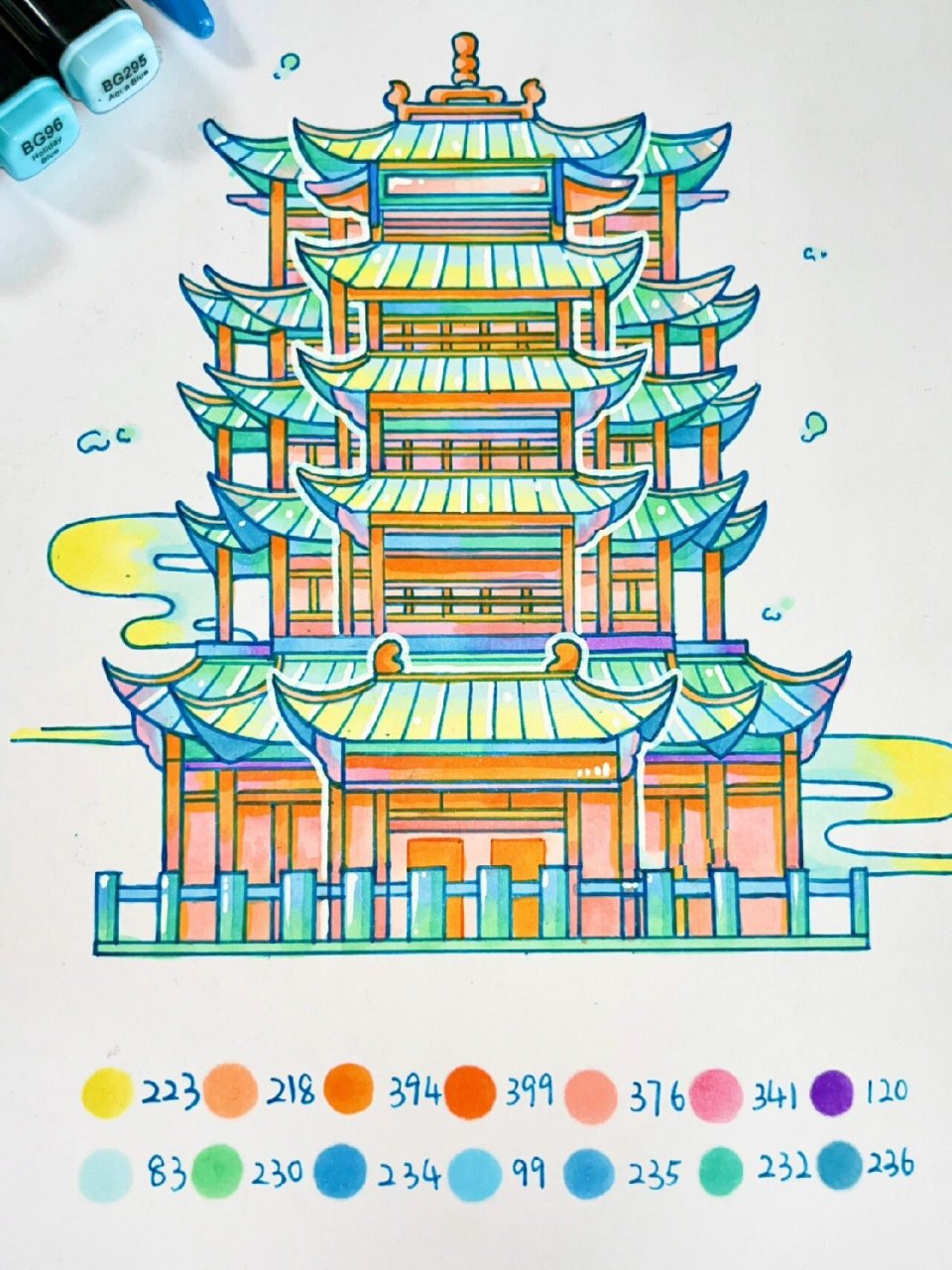 马克笔手绘|画一个橙绿色调的马克笔黄鹤楼 考湖北学校的同学注意啦