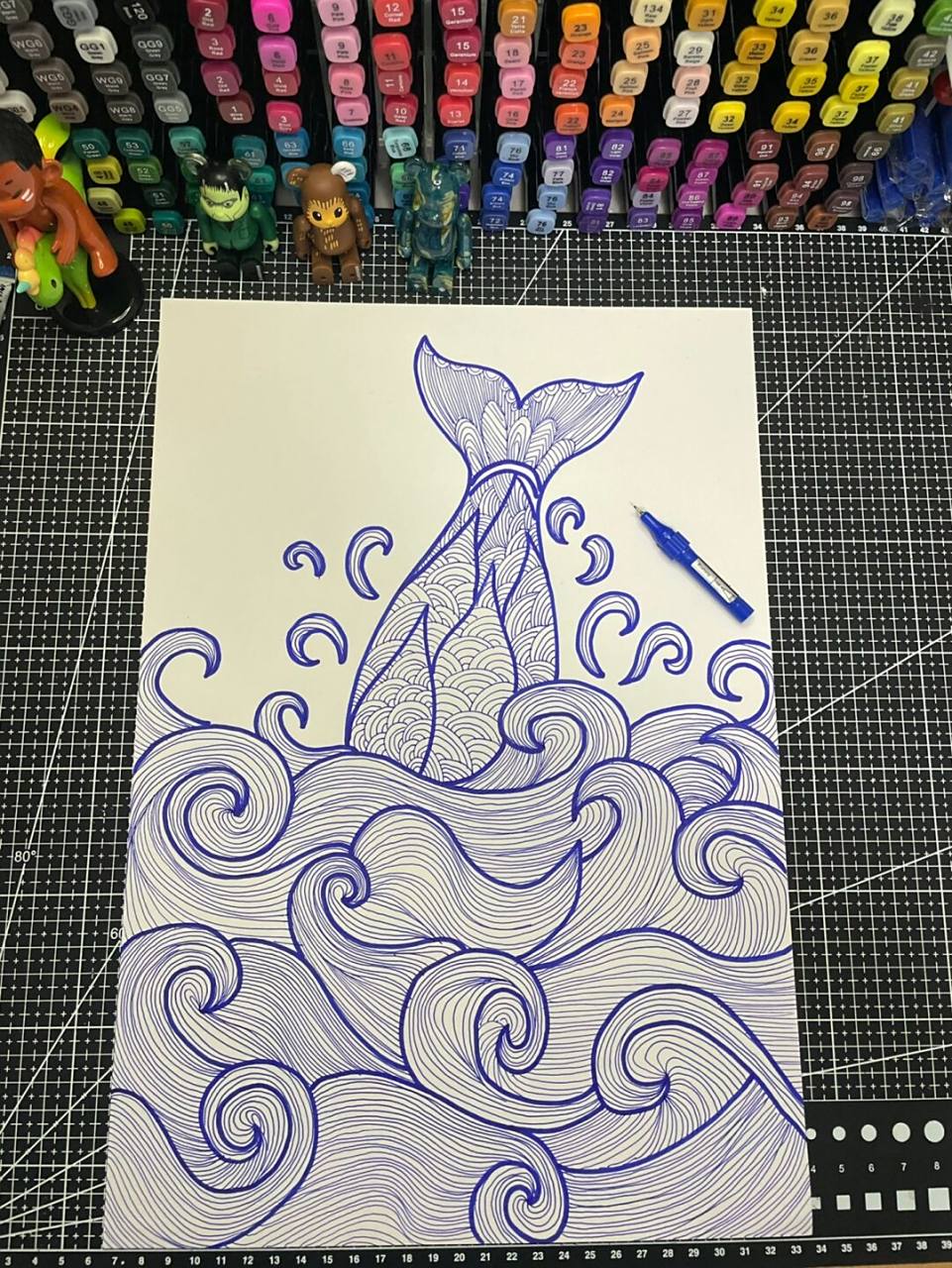 鱼游大海(线描装饰画)原创附过程图 鱼游大海,鱼尾露水 画幅8k 巨小的