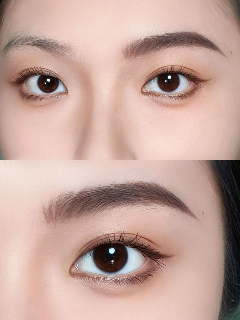 在同一高度,眉头颜色淡,是根根分明的线条感,眉尾是柔雾感 眉毛比较粗