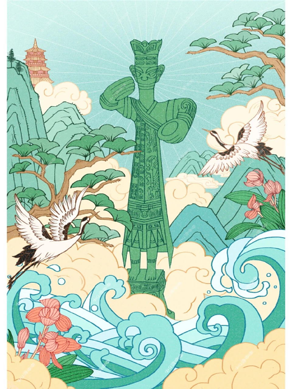 国风系列 · 原创手绘三星堆青铜立人插画 很喜欢三星堆诶～ 虽然离着