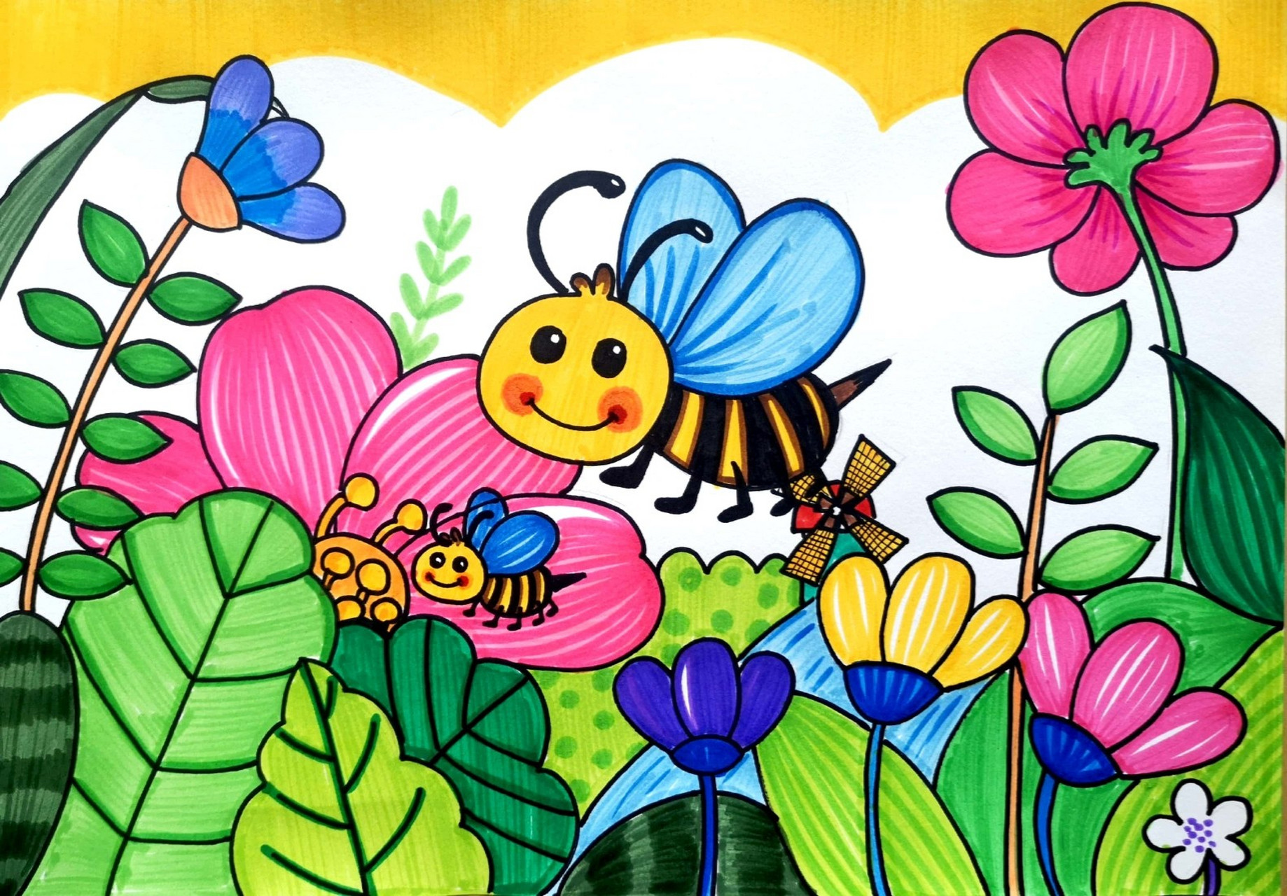 《小蜜蜂学习采蜜》 适合5-7岁小朋友的绘画练习 小蜜蜂大小对比 简单