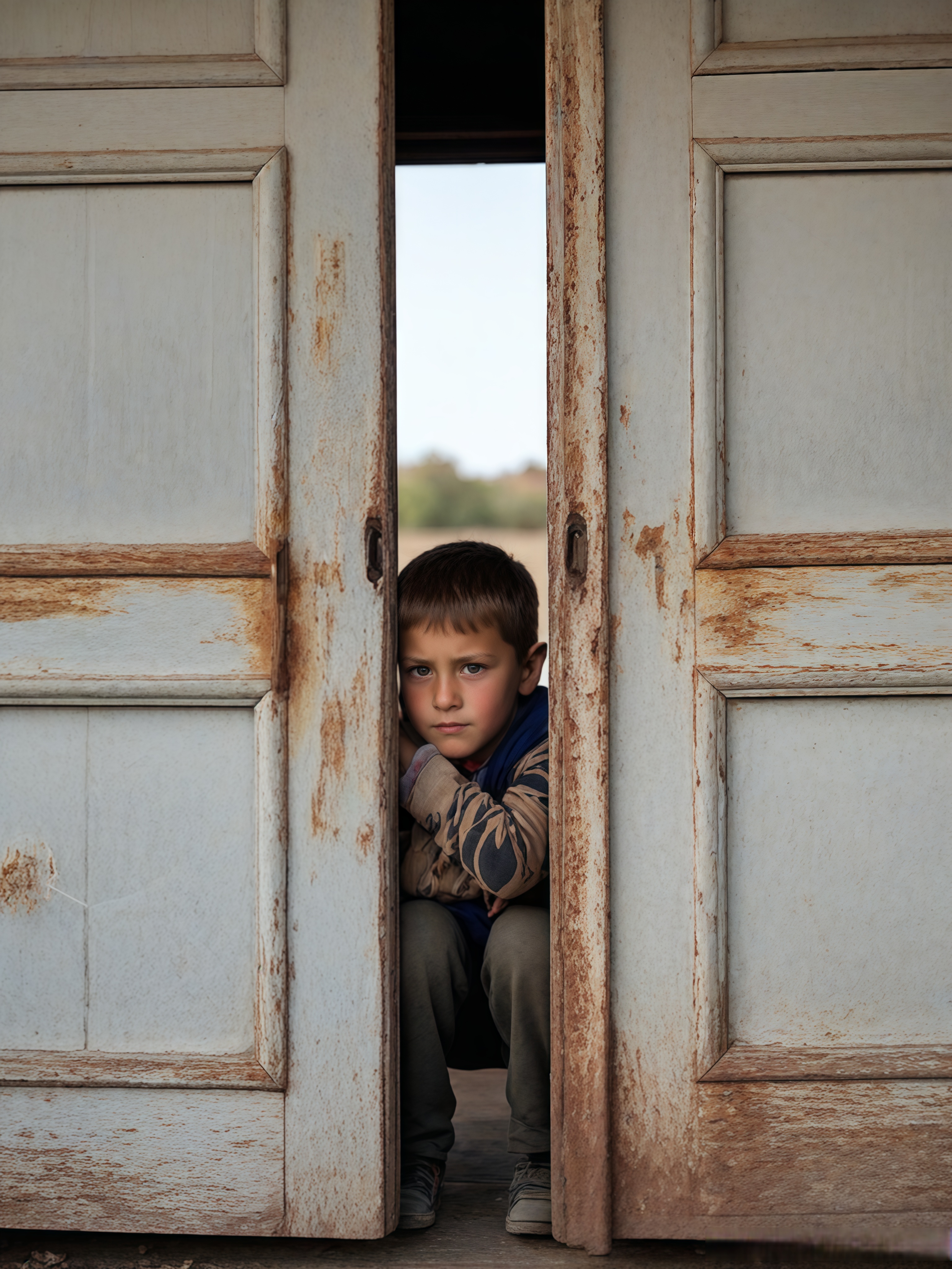 在第一幅画中,描绘了一个小男孩坐在一扇半开的