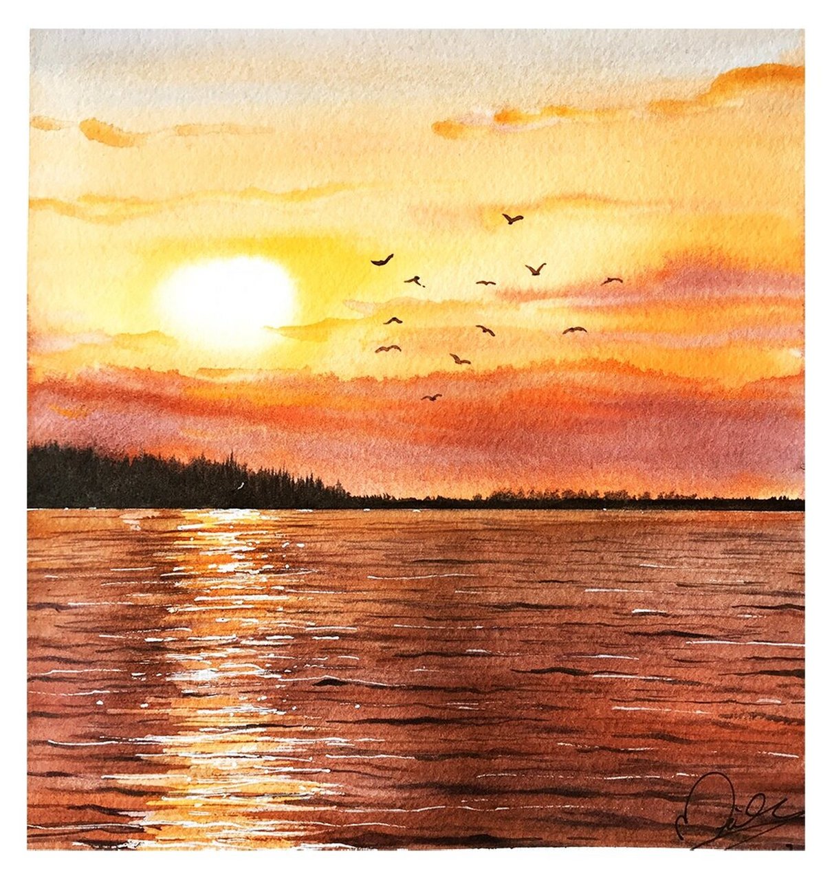 治愈水彩风景|唯美夕阳系列 暖暖的阳光