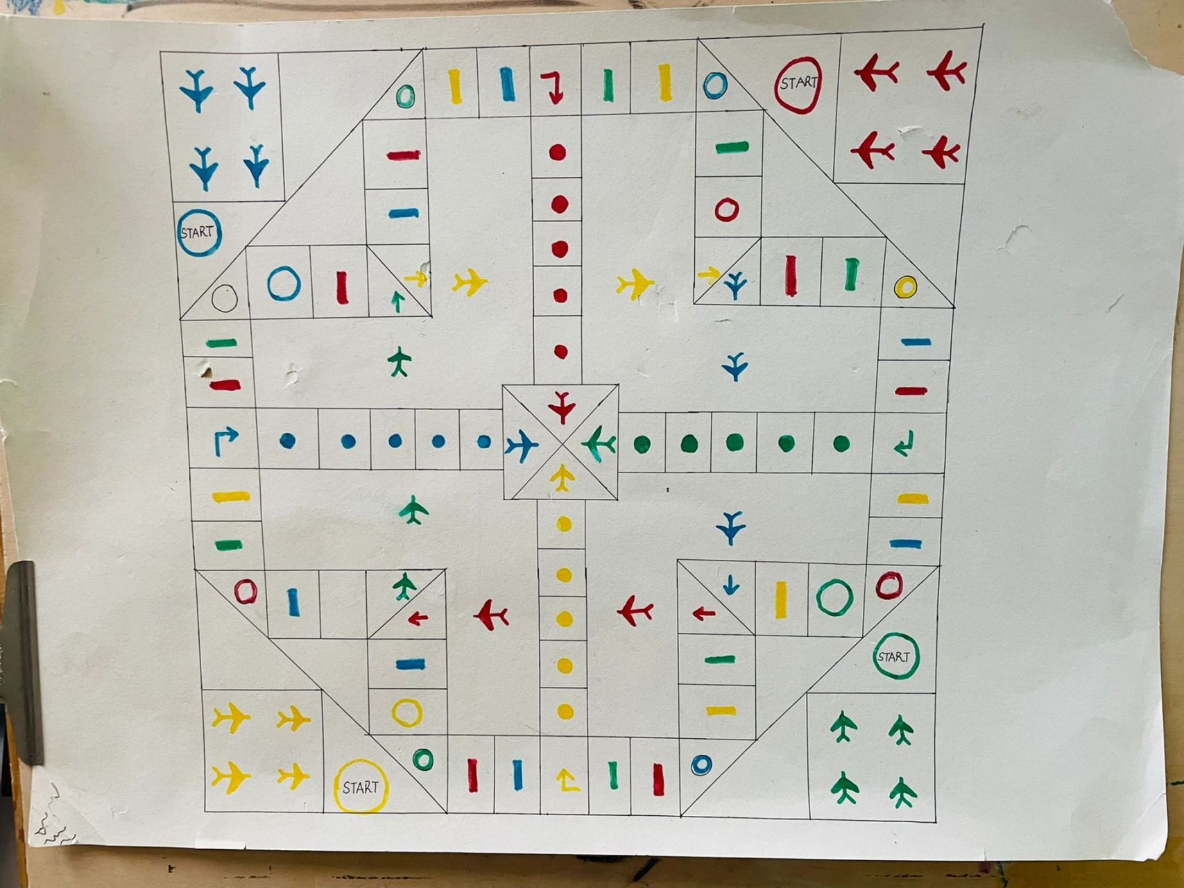 手绘版飞行棋 儿子说想玩飞行棋游戏,果断安排上 家里有画纸,马克笔