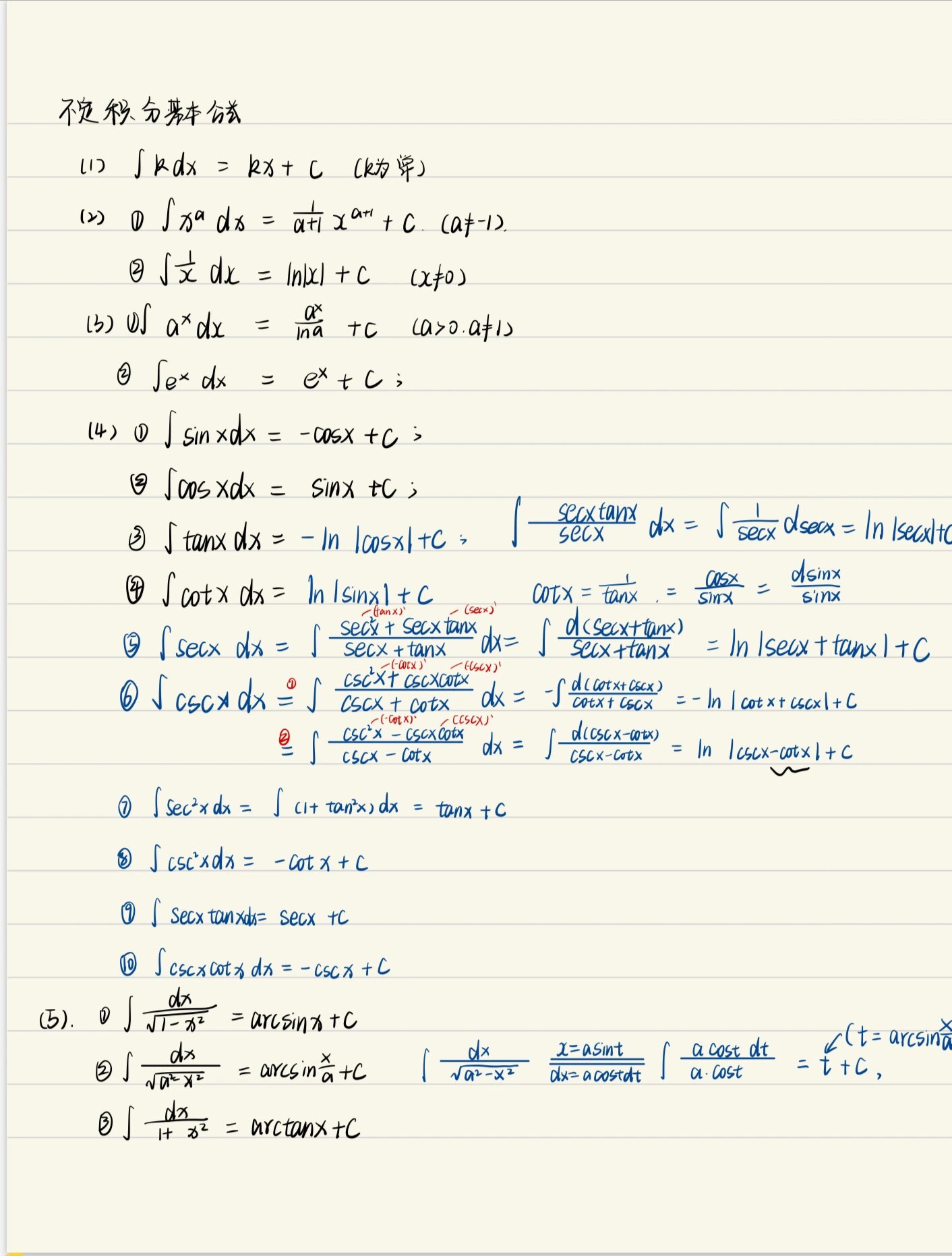 不定积分基本公式及推导