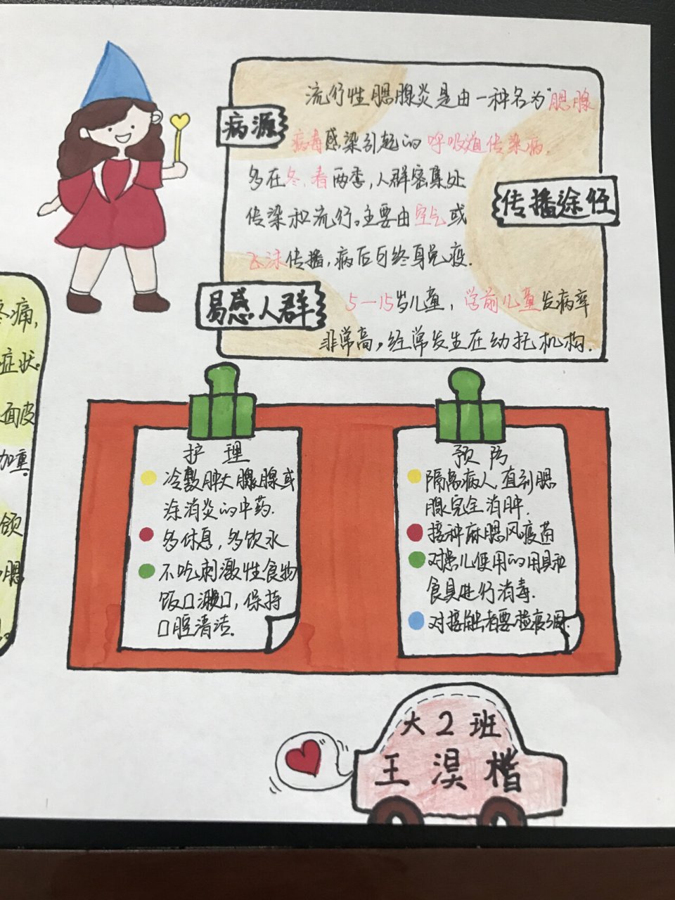 幼儿园预防流行病手抄报 预防腮腺炎手抄报 深色用马克笔涂色 浅色的