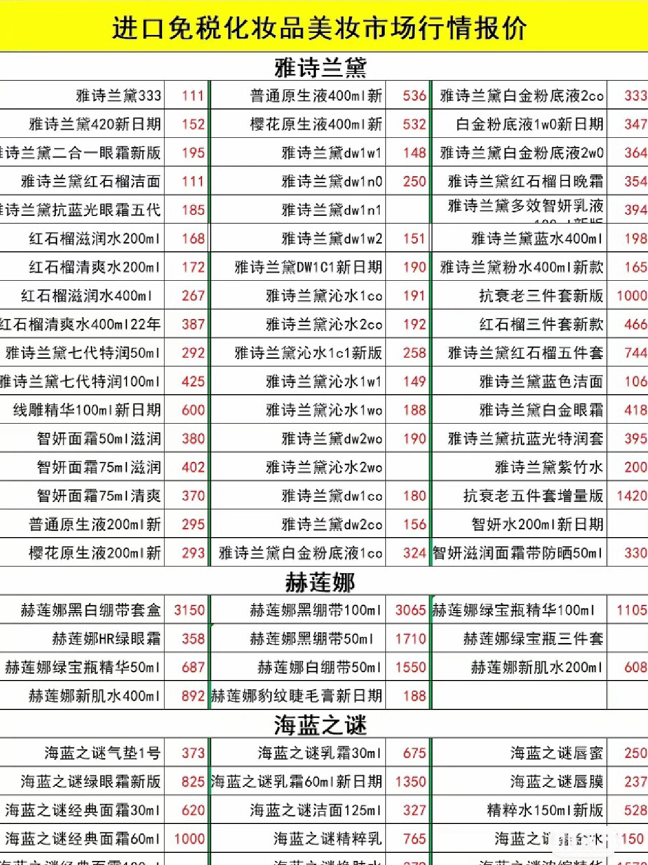 今天给大家分享下最新大牌免税化妆品行情价格,以供参考
