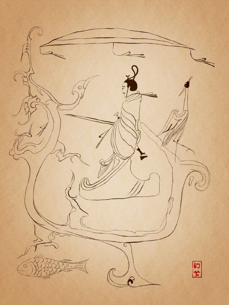 战国《人物御龙帛画》 96国画临摹,原图出自《人物御龙帛画》,绘有