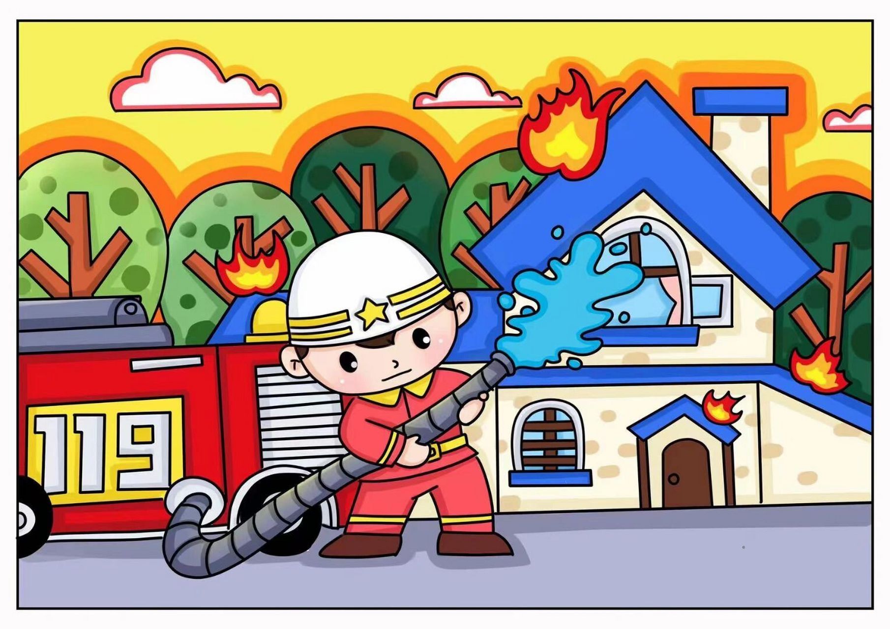 幼儿园消防日环创图