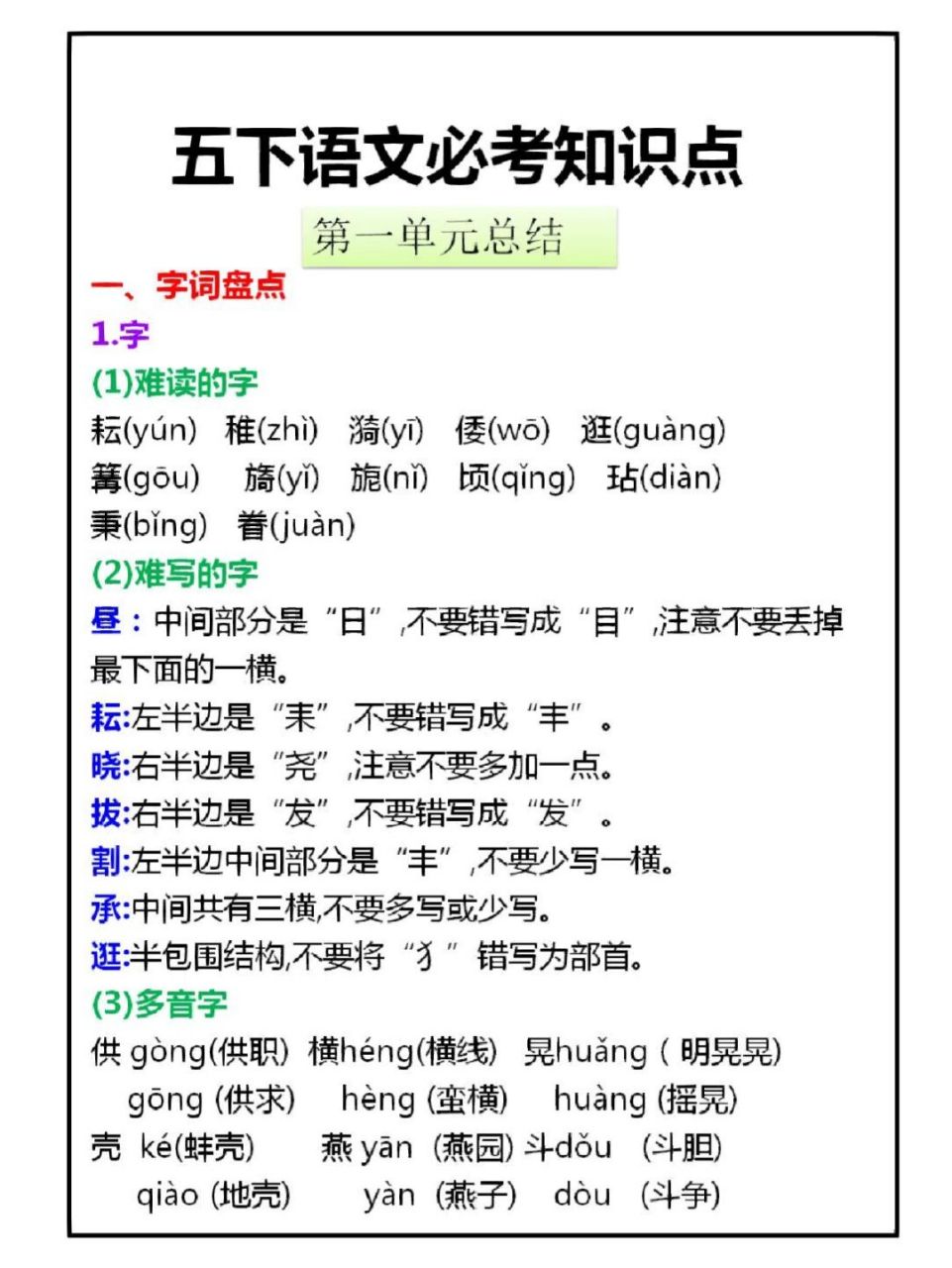 五下语文第一单元必考知识点总结 五年级下册语文第一单元必考知识点