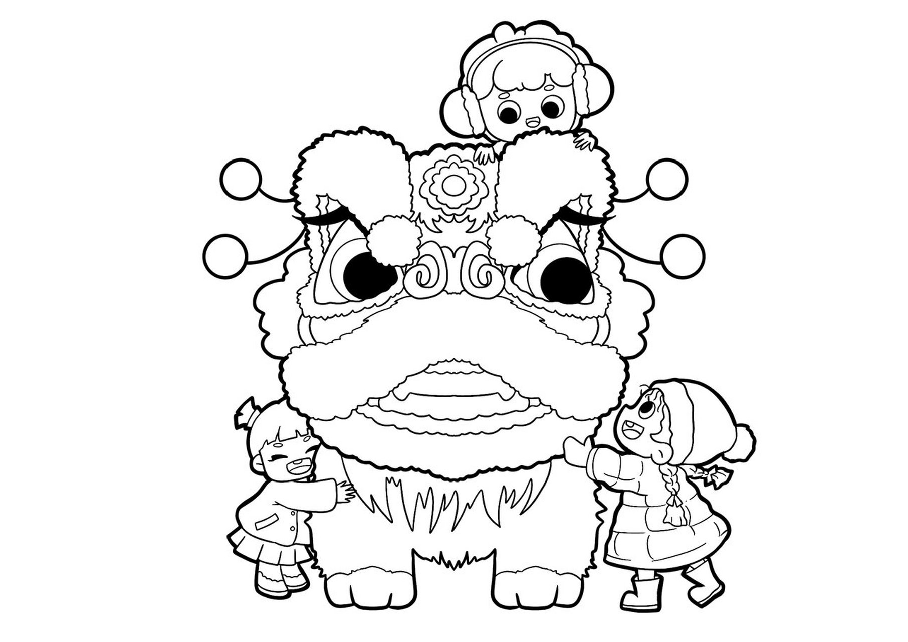 春节新年元旦过年儿童画简笔画儿创虎年手绘 原创作品,舞狮年兽儿童画