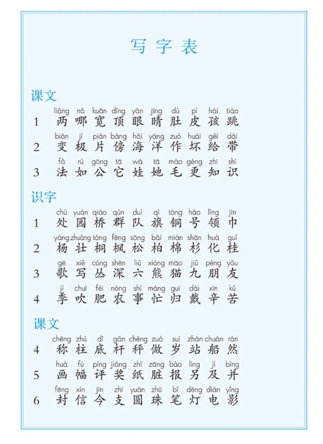 语文人教版二年级上册写字表