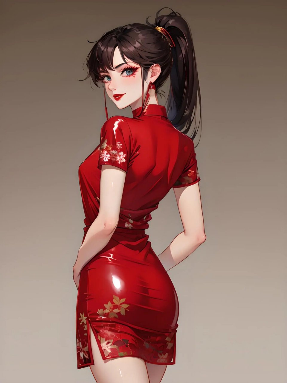 乳胶连衣裙性感御姐 这是一位极具魅力的二次元御姐,身着一袭红色乳胶