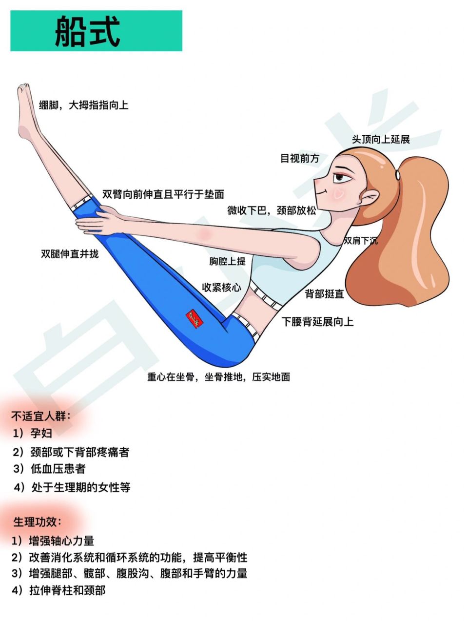 瑜伽插画|瑜伽体式精讲—船式 口令: 坐山式准备,双手放于臀部两侧