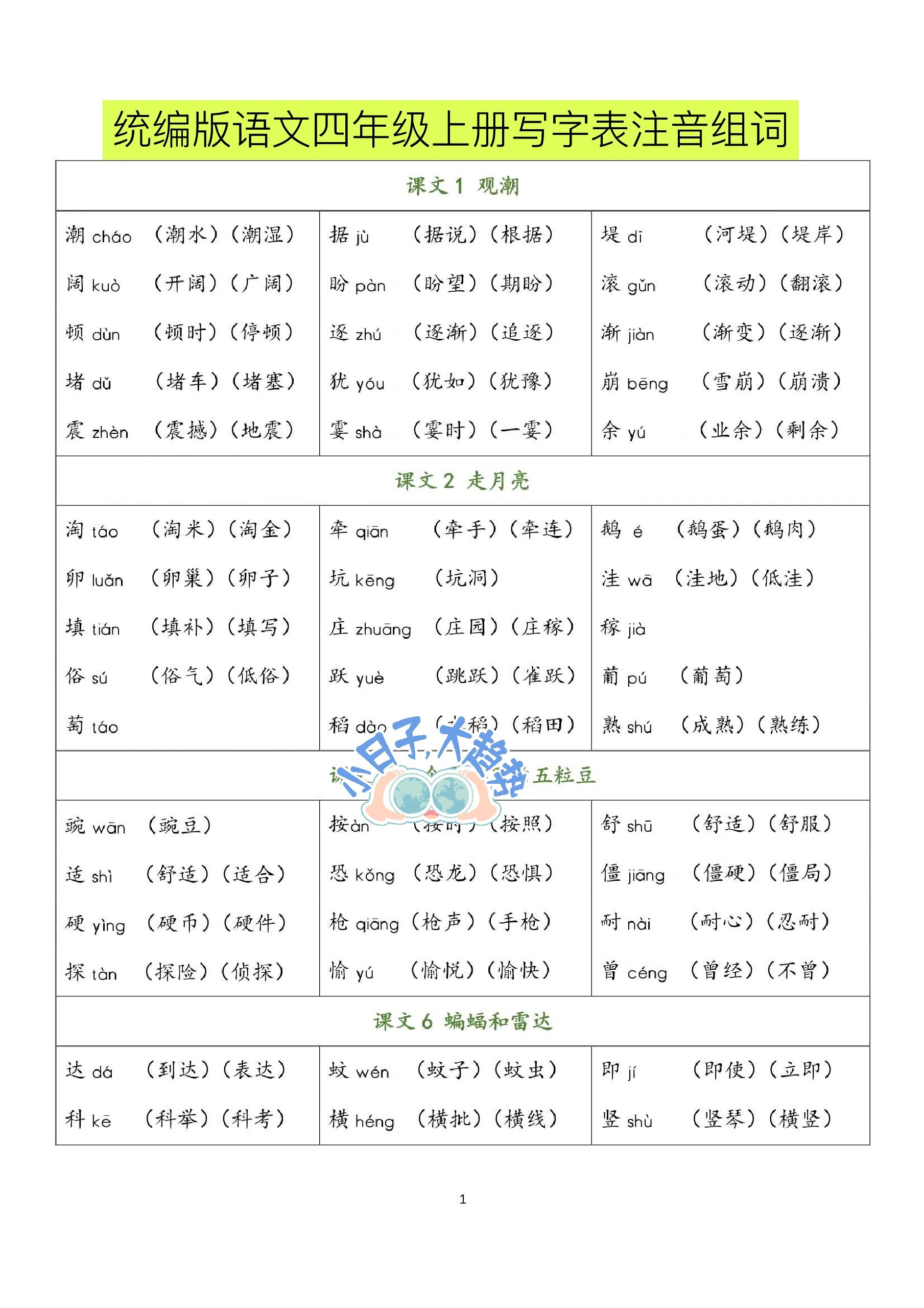 四年级上册语文写字表生字注音组词暑假预习