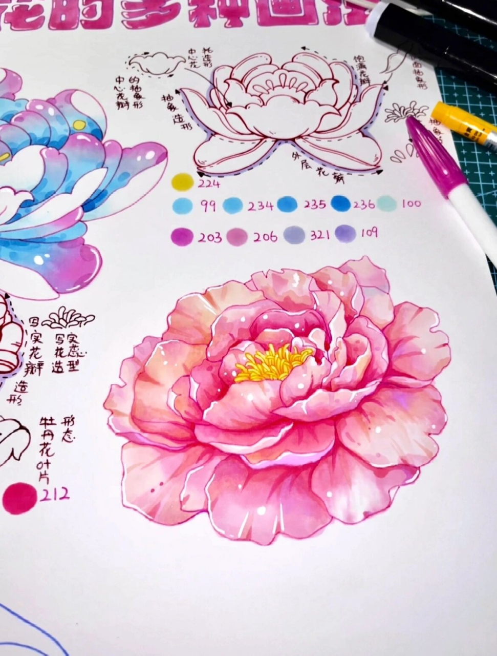 马克笔手绘|✨✨超美的牡丹花画法✅ 超美的牡丹花怎么画‼
