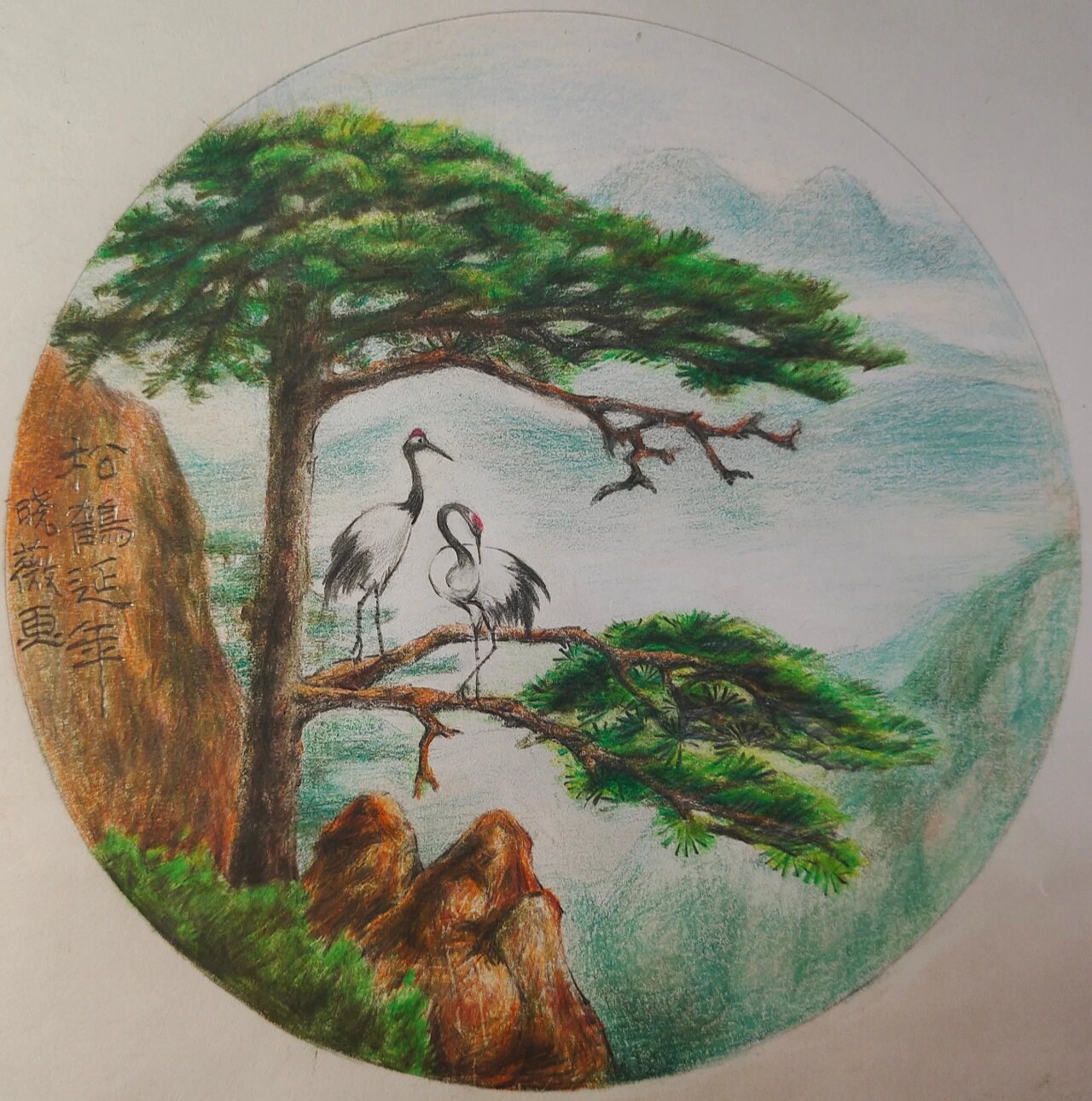 彩铅松树,仙鹤,松鹤延年 松鹤延年图
