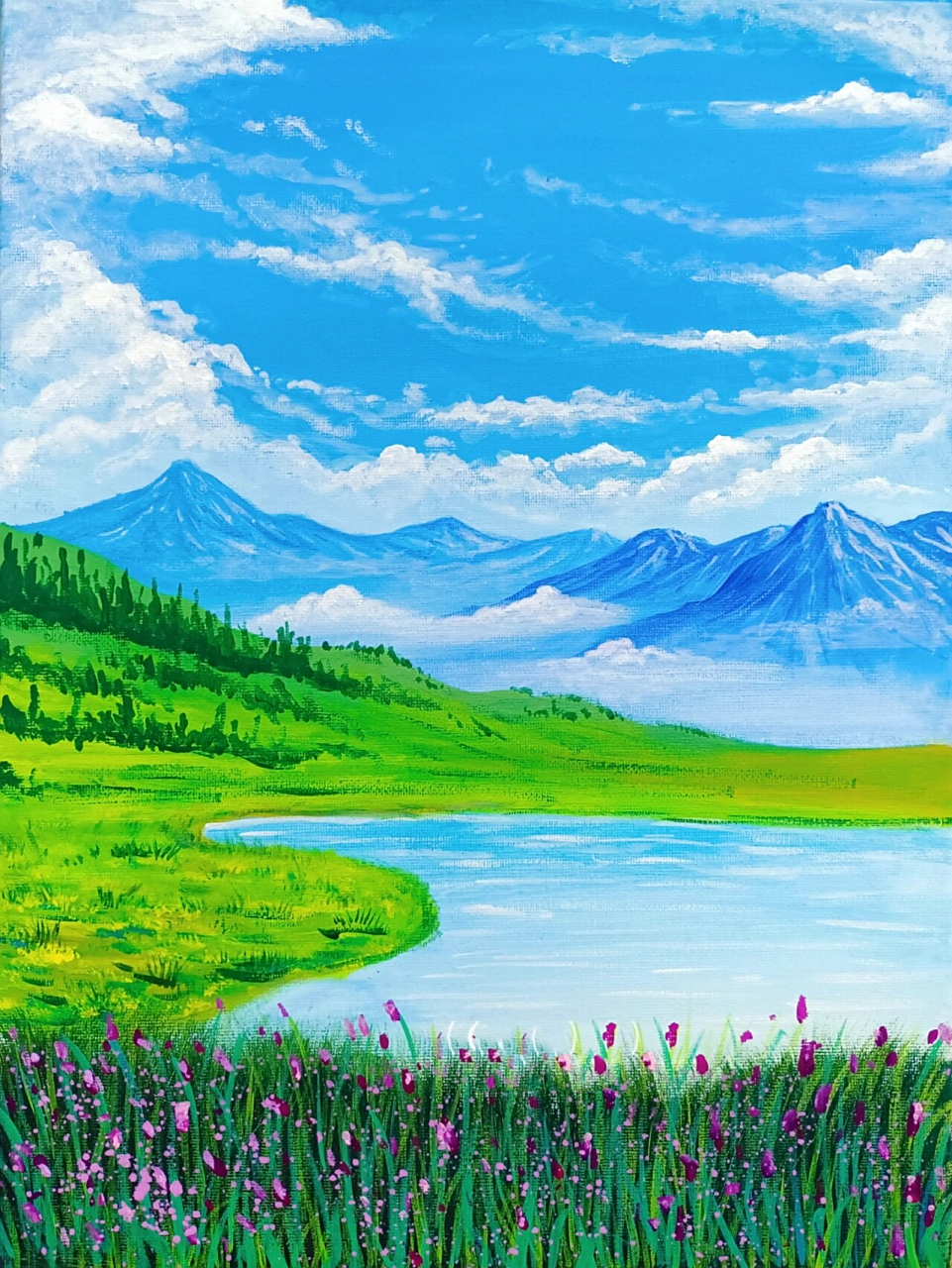 原创丙烯画·夏天 灵感来源于川西四姑娘山美好风光景色,搭配宫崎骏的