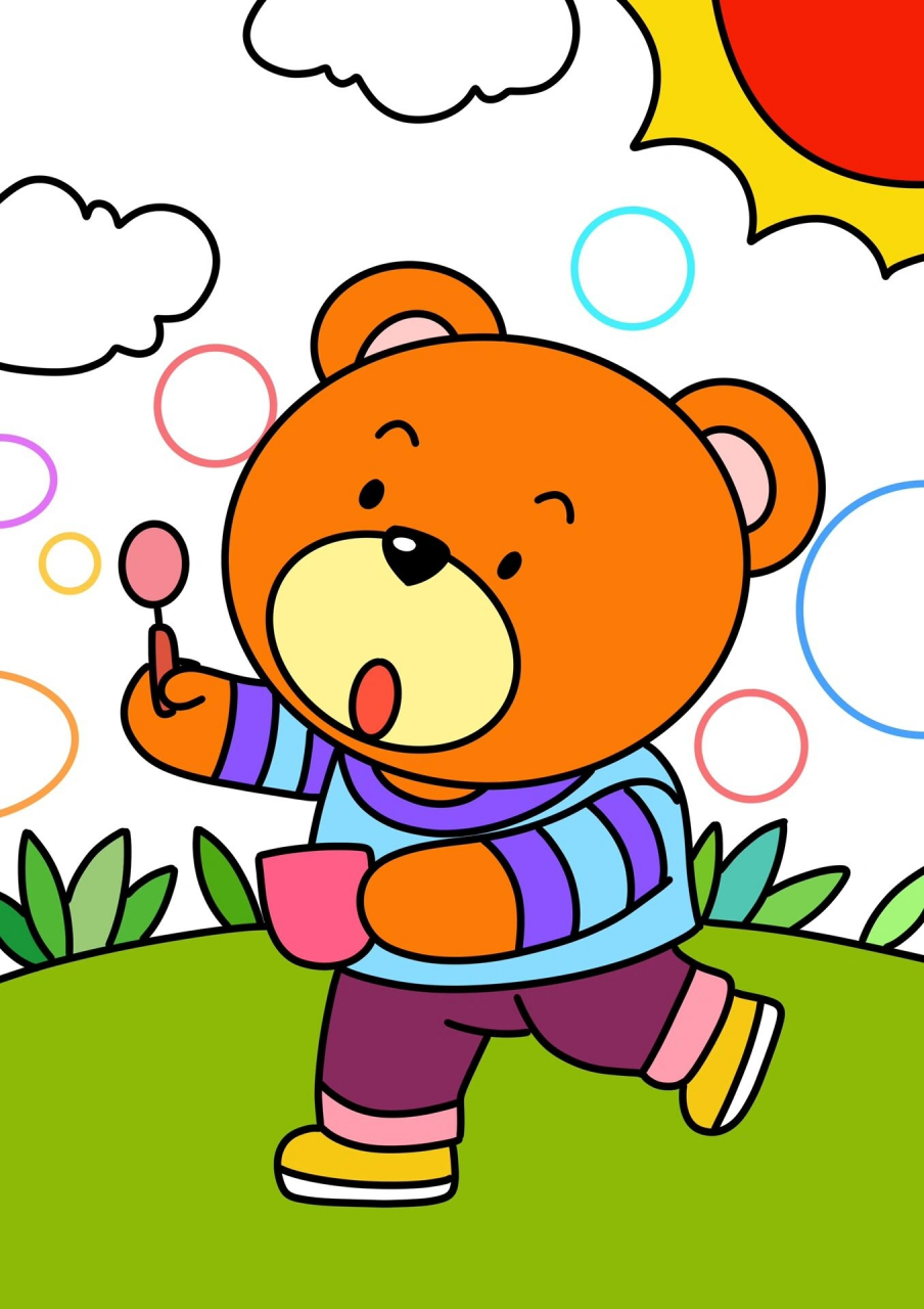 吹泡泡的小熊93儿童创意画 动物儿童画