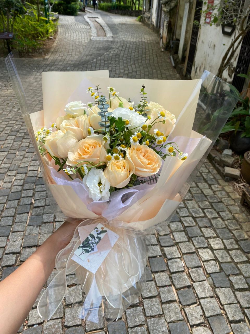 成人礼小花束98香槟玫瑰,洋甘菊,尤加利,白桔梗 女生小花束