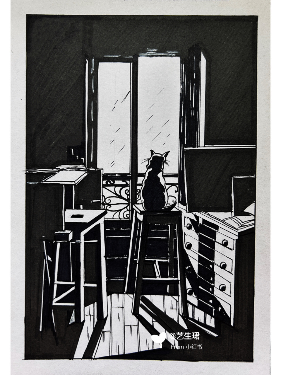 画93超治愈绘画93猫93 来自于克里斯多夫61夏布特的黑白版画