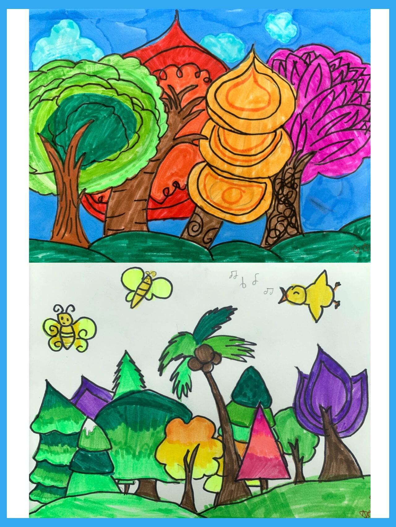 🔸画画之前先让学生们学习"参天大树"这个成语,这样就不会画的又矮