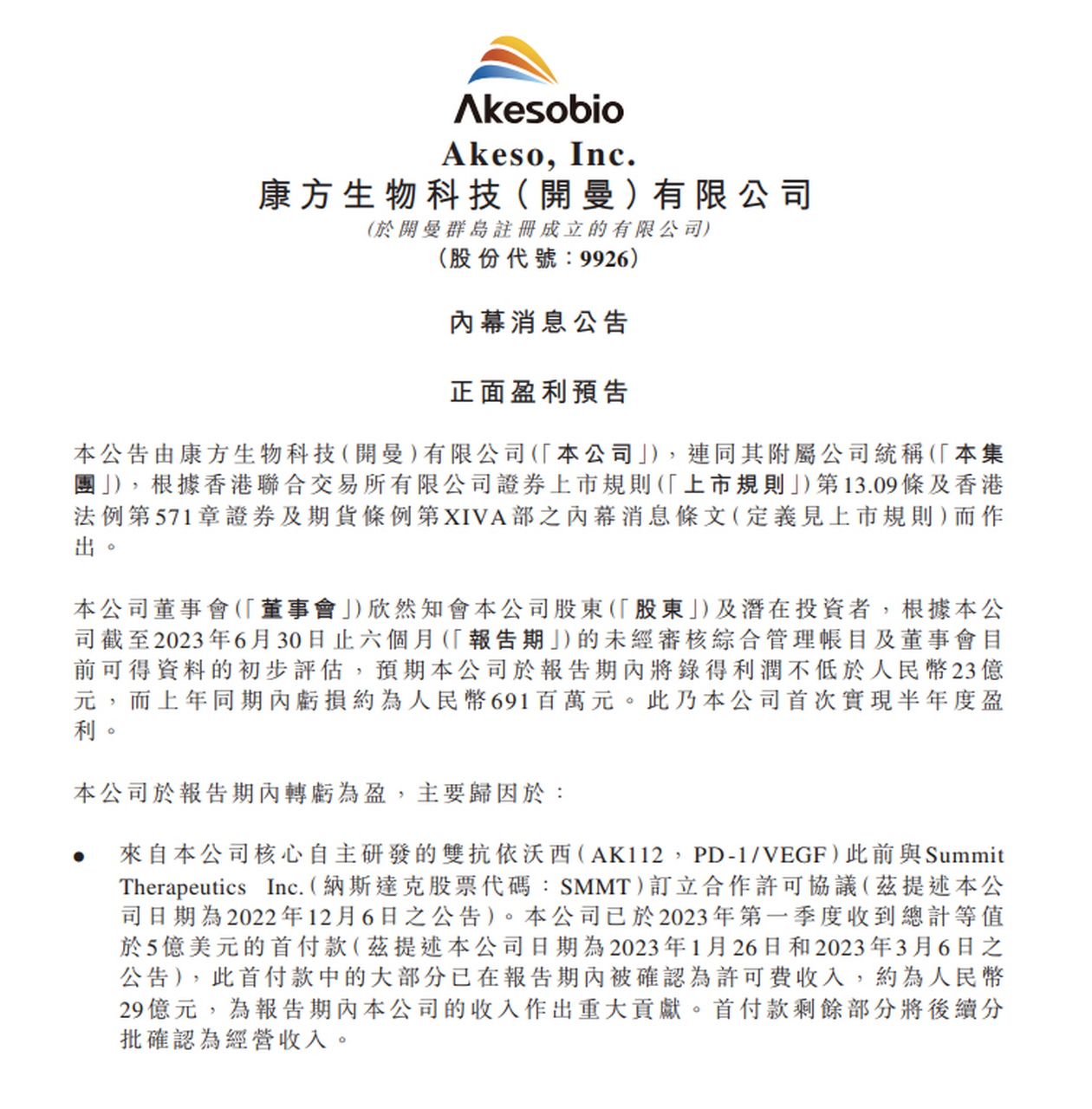 【#康方生物# :预计上半年将录得利润不低于23亿元】预期公司上半年将