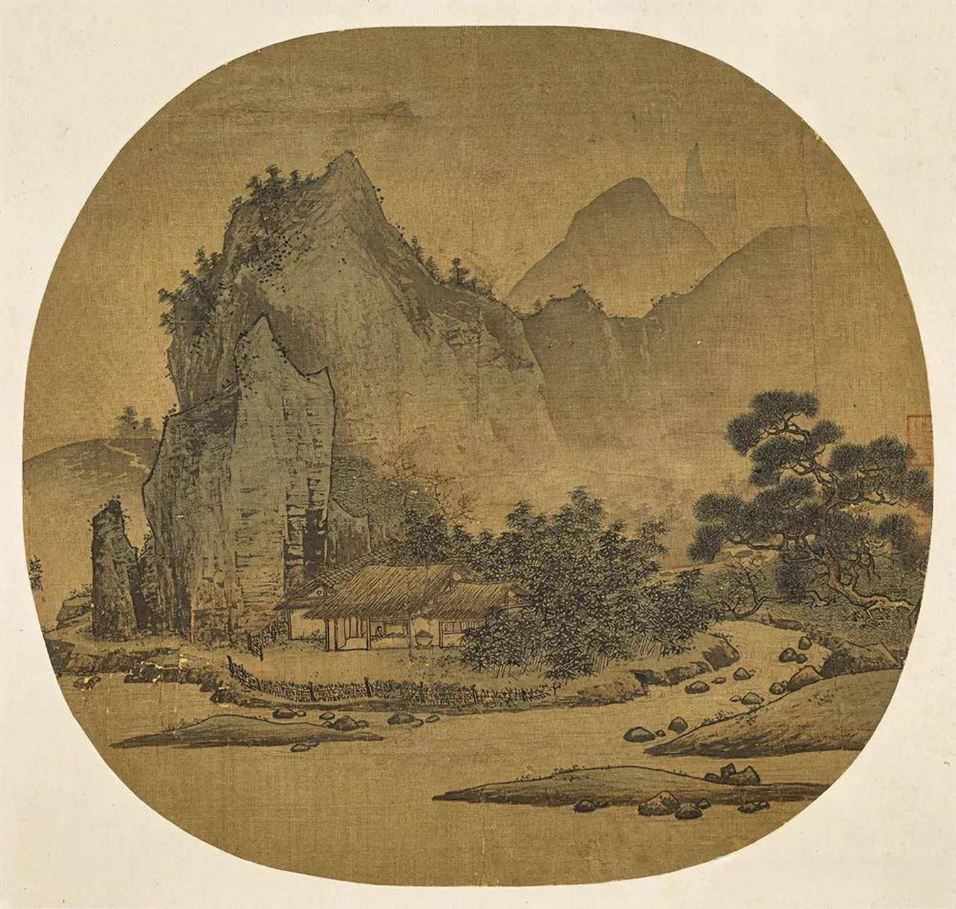 《山居图》,画中远山近水,苍松青翠,展现了古代文士与山水为友,淡泊