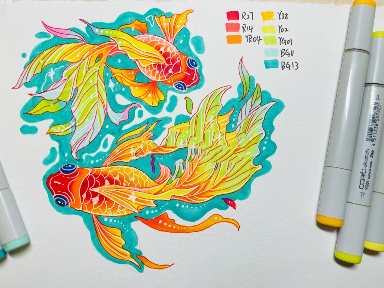 视觉传达考研分享|两条小金鱼同构95 给学生画的两个小金鱼 马克笔