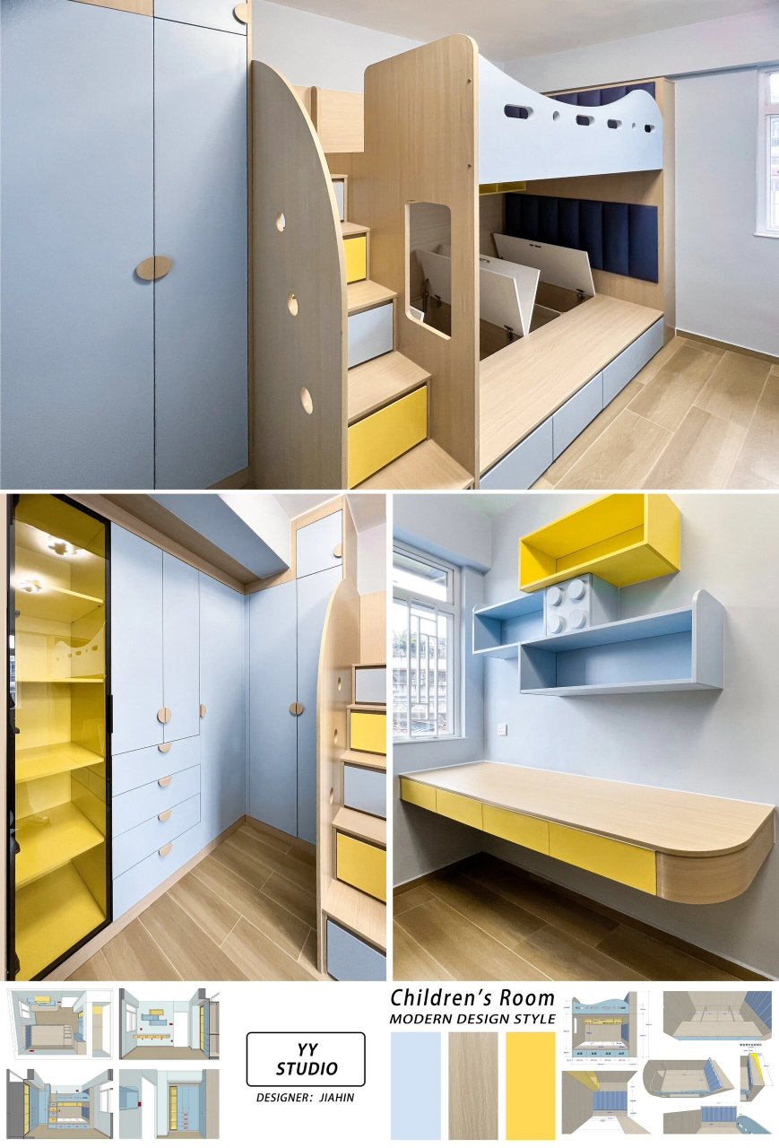 8平方卧室 | 两个小朋友儿童房设计装修9299 浅木色搭配蓝色和