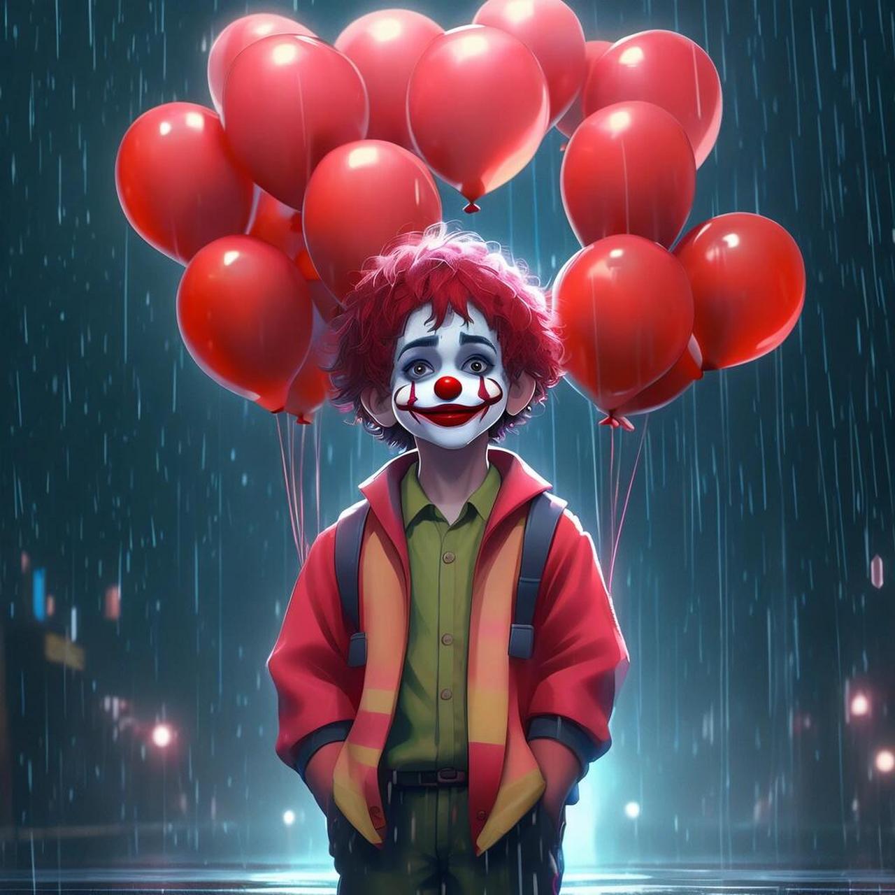美丽的小丑 美丽的男孩画了一个小丑,拿着 十个红色气球,站在黑暗的