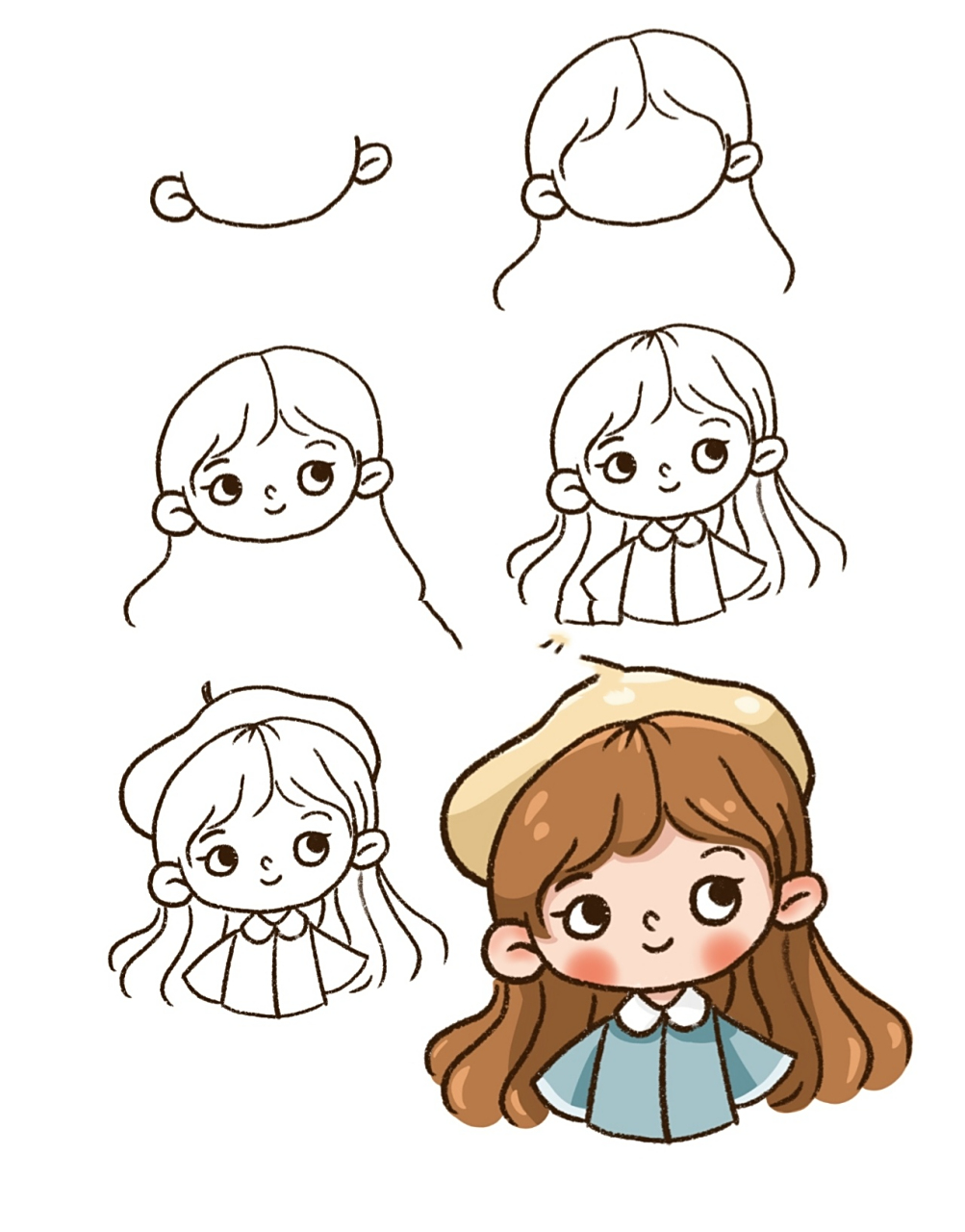 女孩卡通手绘人物头像教程 零基础绘画|简笔画教程|黑白ins插画|手帐