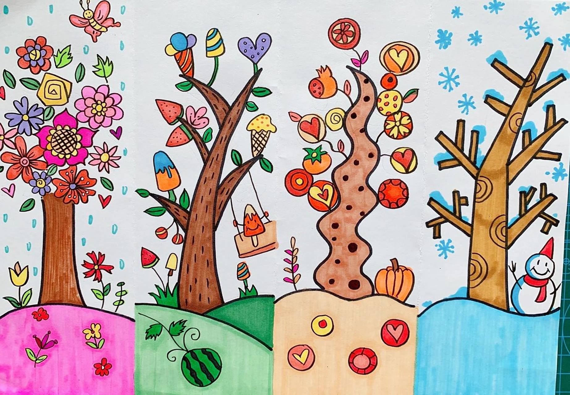 马克笔儿童画-一棵树的春夏秋冬