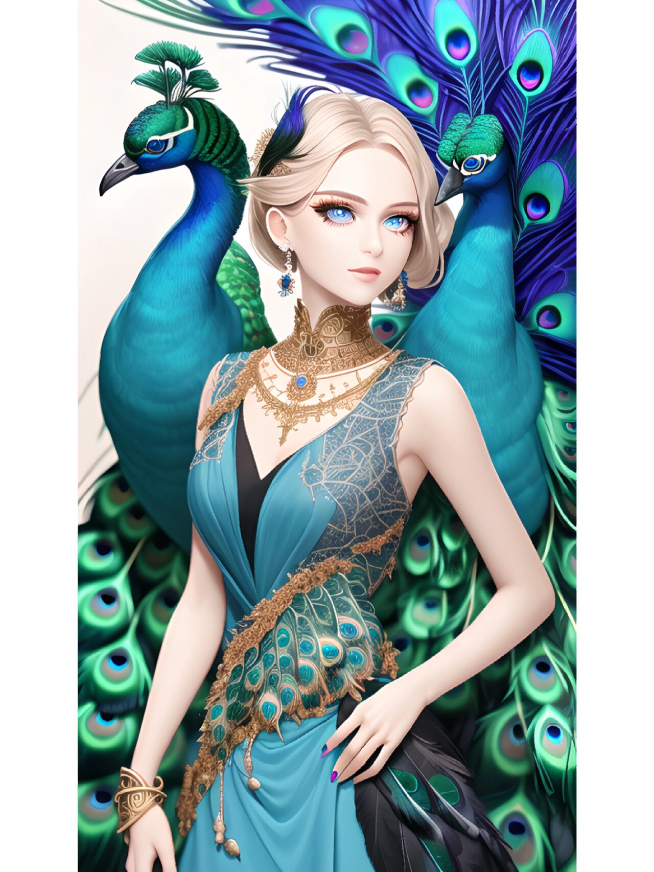 绝美孔雀女孩,动漫二次元绘画人物