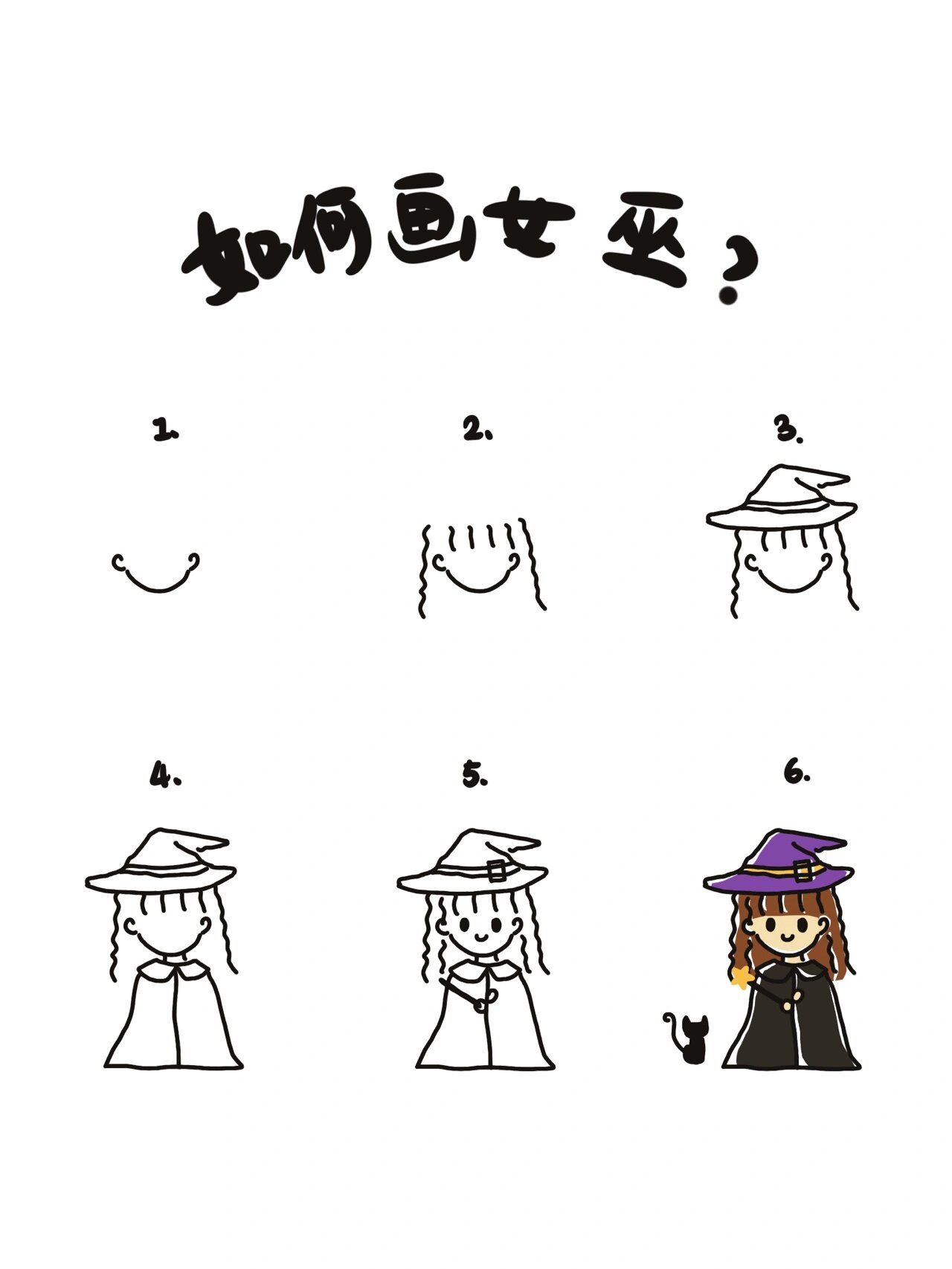 万圣节了,一起来学着画个超简单的小女巫吧. step1. 先画出脸的轮廓