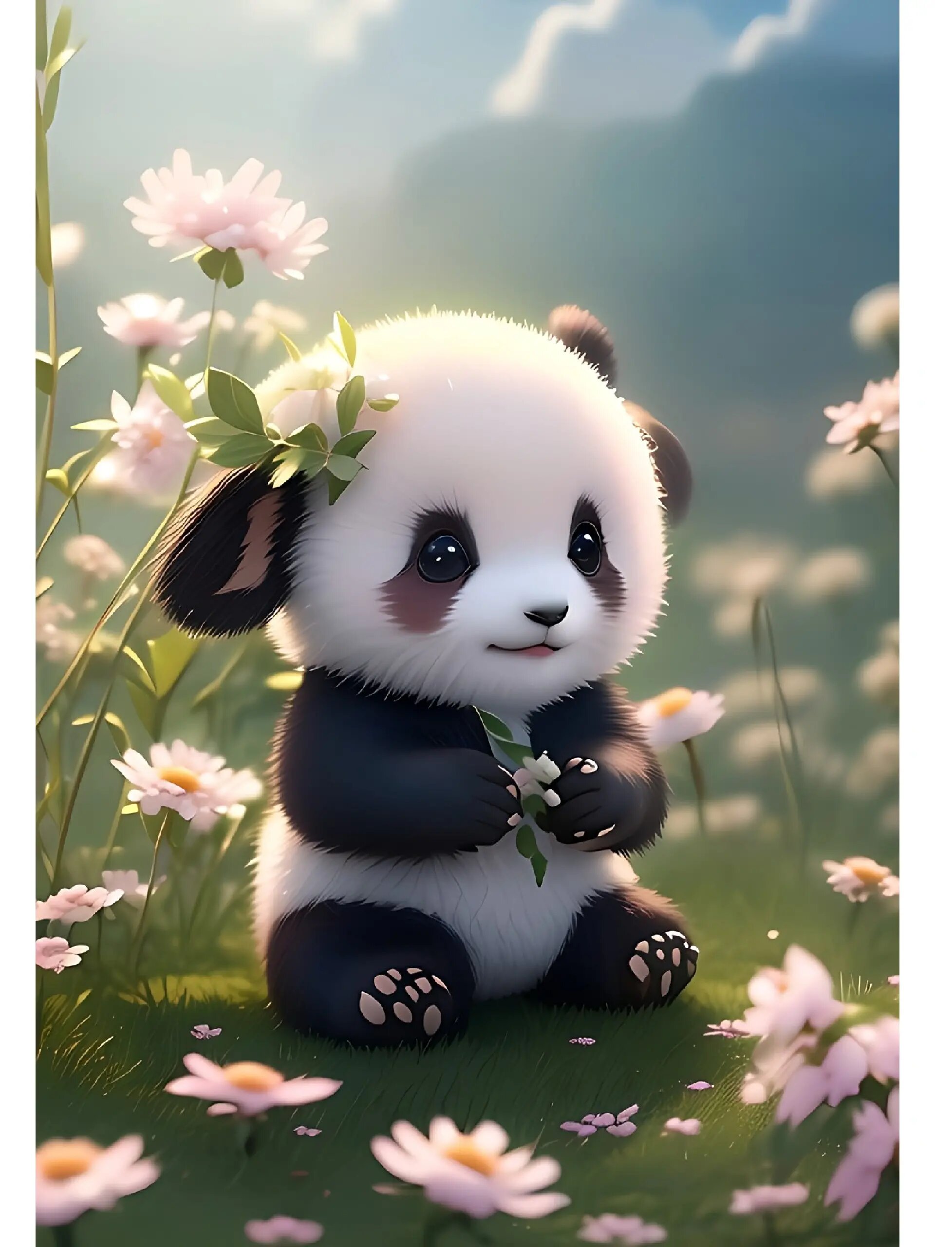 毛茸茸的可爱熊猫 一只可爱甜美的小熊猫宝宝,坐在轻盈的花朵中,美丽