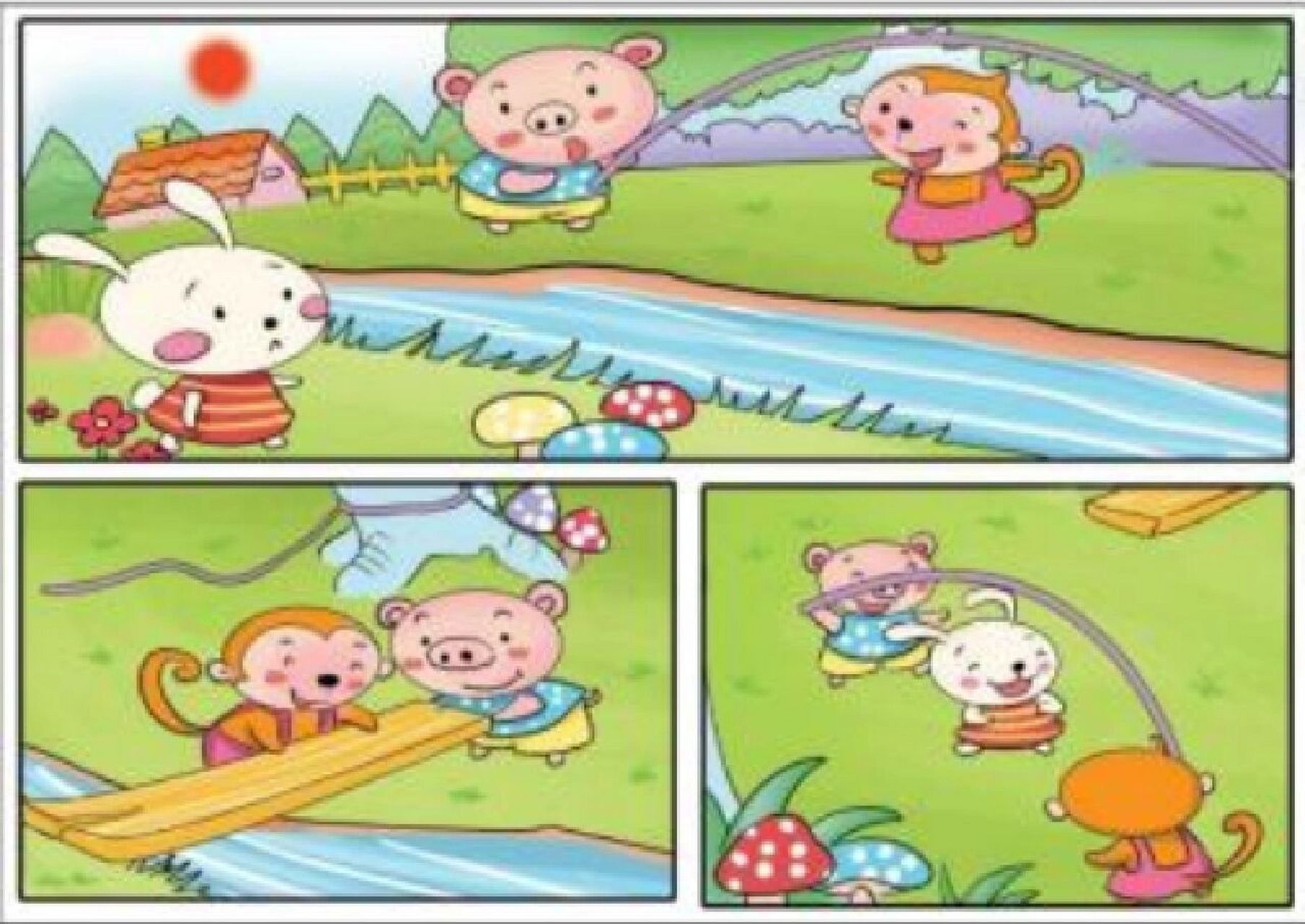 看图写话 一起来跳绳 一天早晨,小猪和小猴在河边准备跳大绳时遇到了