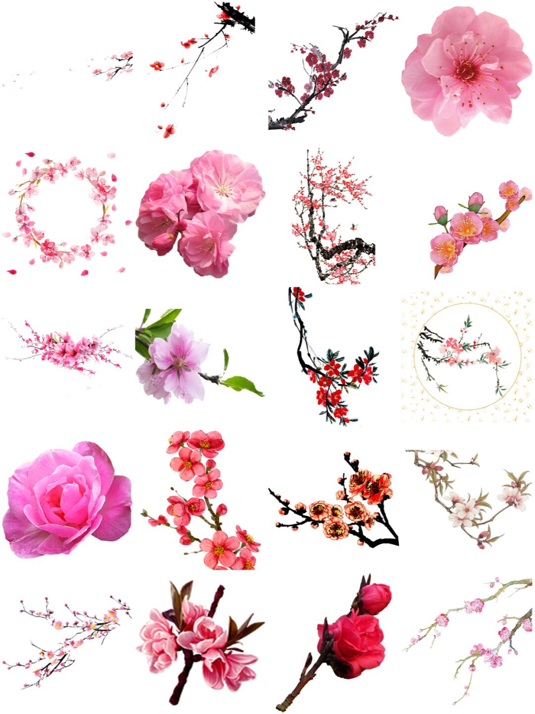 唯美粉色桃花手绘免抠png图案素材