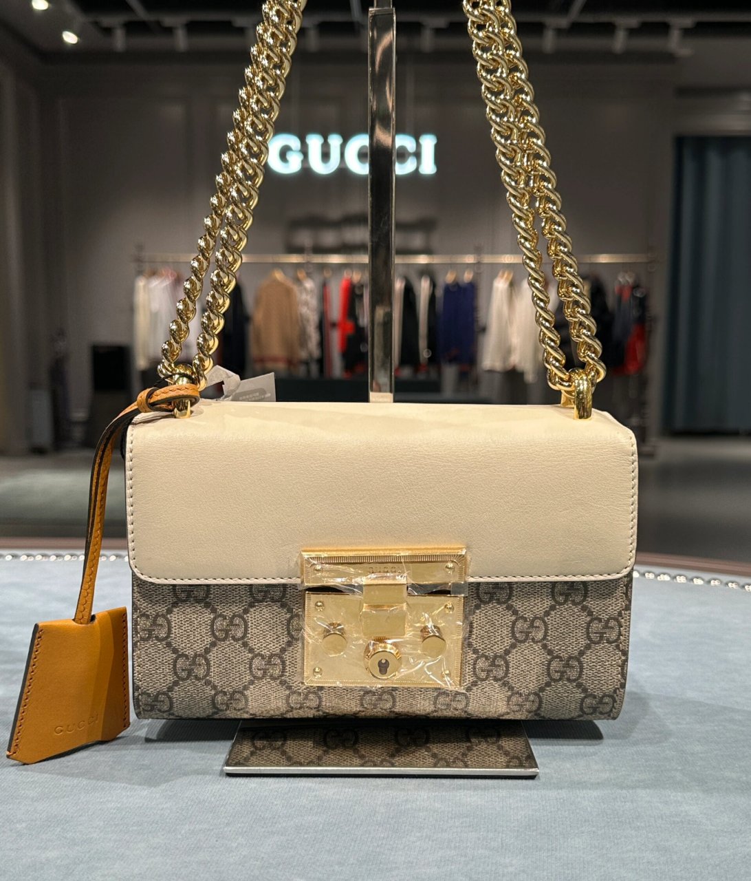 guccipadlock白色月光宝盒 牛皮帆布拼接 可调节金属链条肩带  白色